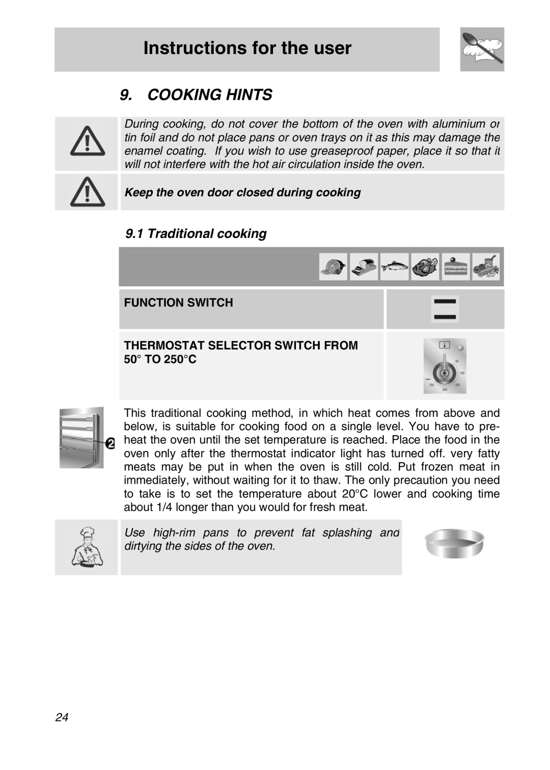 Smeg A11A-5 manual Cooking Hints, Traditional cooking, Function Switch Thermostat Selector Switch from 50 to 250C 