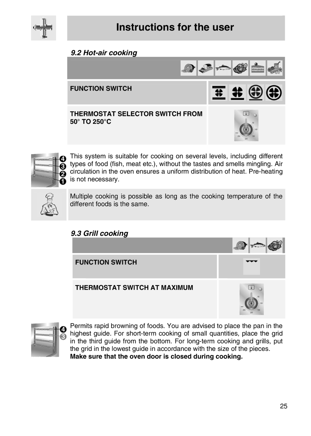 Smeg A11A-5 manual Hot-air cooking, Grill cooking, Function Switch Thermostat Switch AT Maximum 