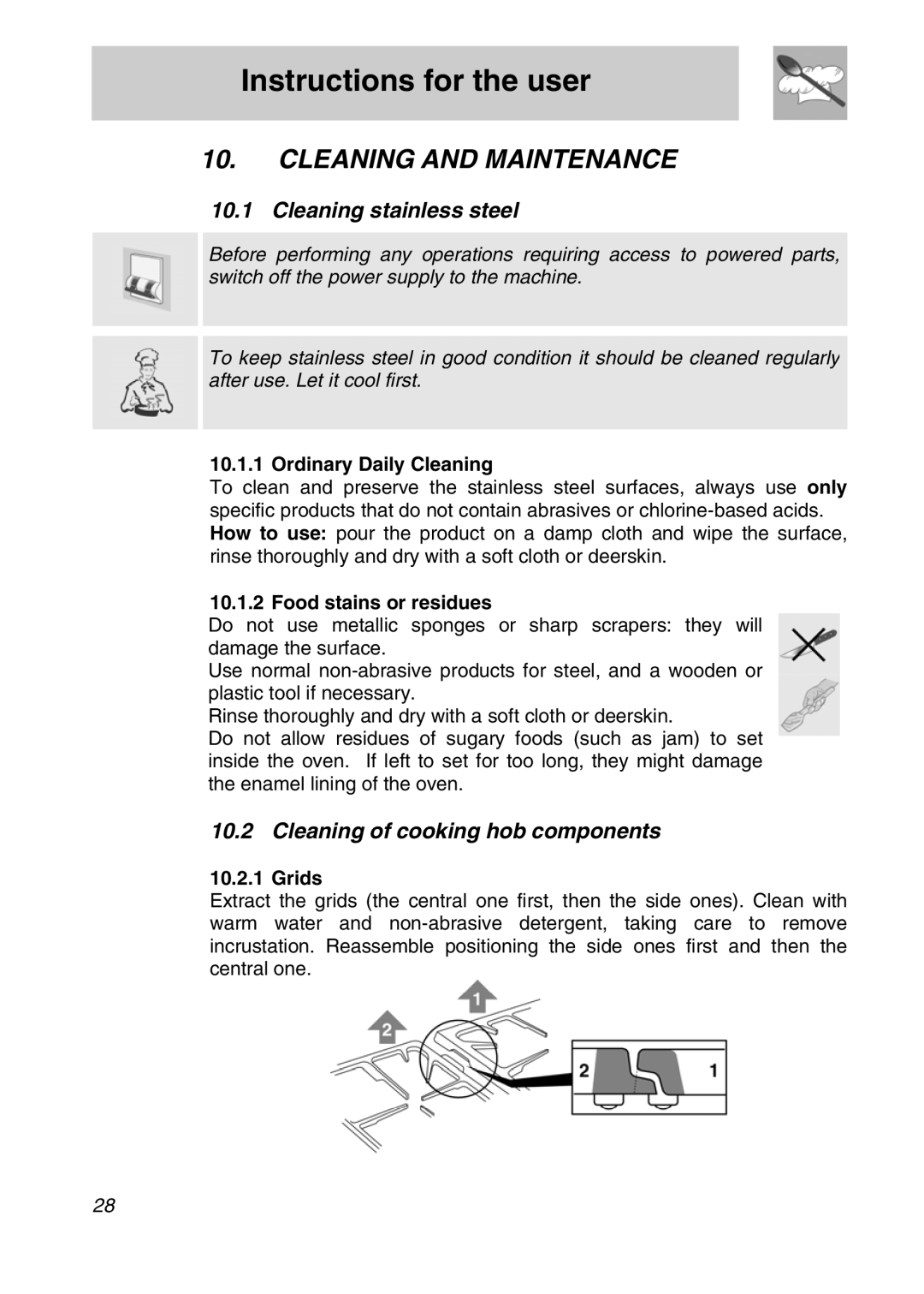 Smeg A11A-5 manual Cleaning and Maintenance, Cleaning stainless steel, Cleaning of cooking hob components 