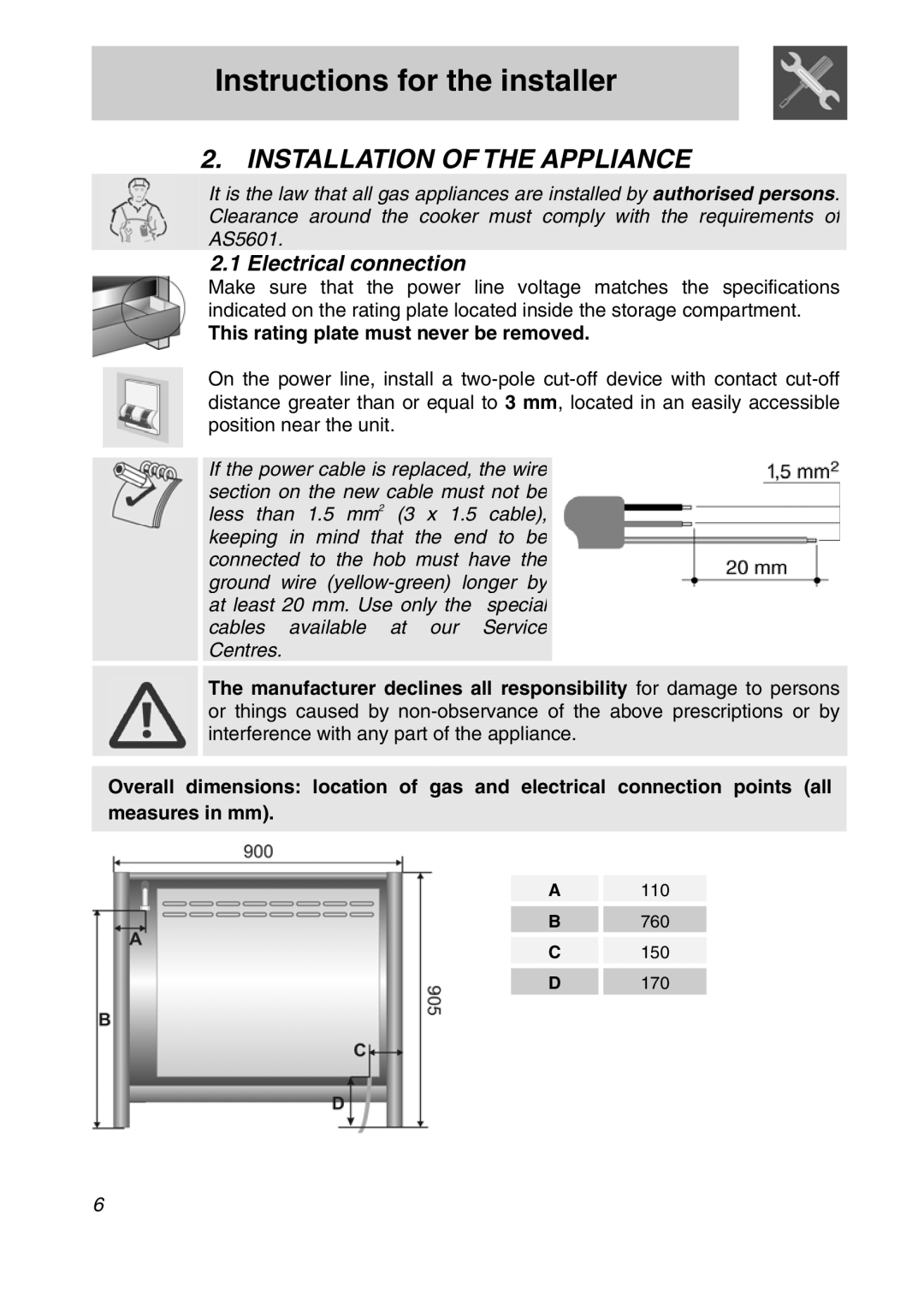 Smeg A11A-5 manual Installation of the Appliance, Electrical connection, This rating plate must never be removed 