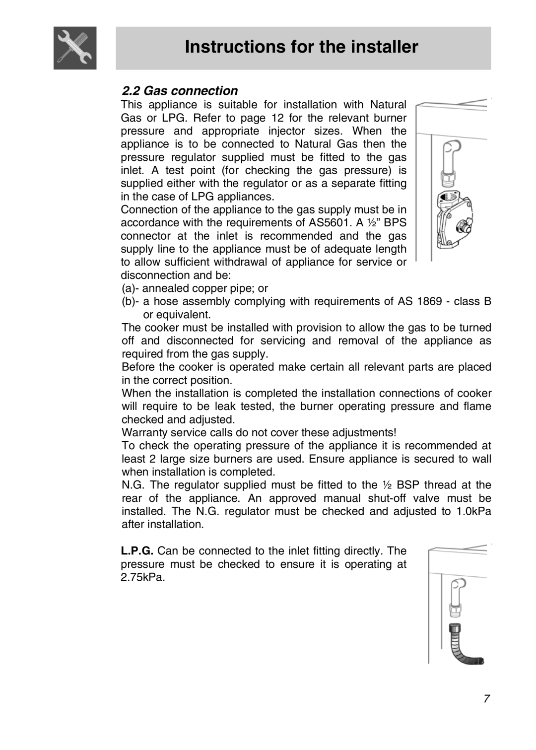 Smeg A11A-5 manual Gas connection 