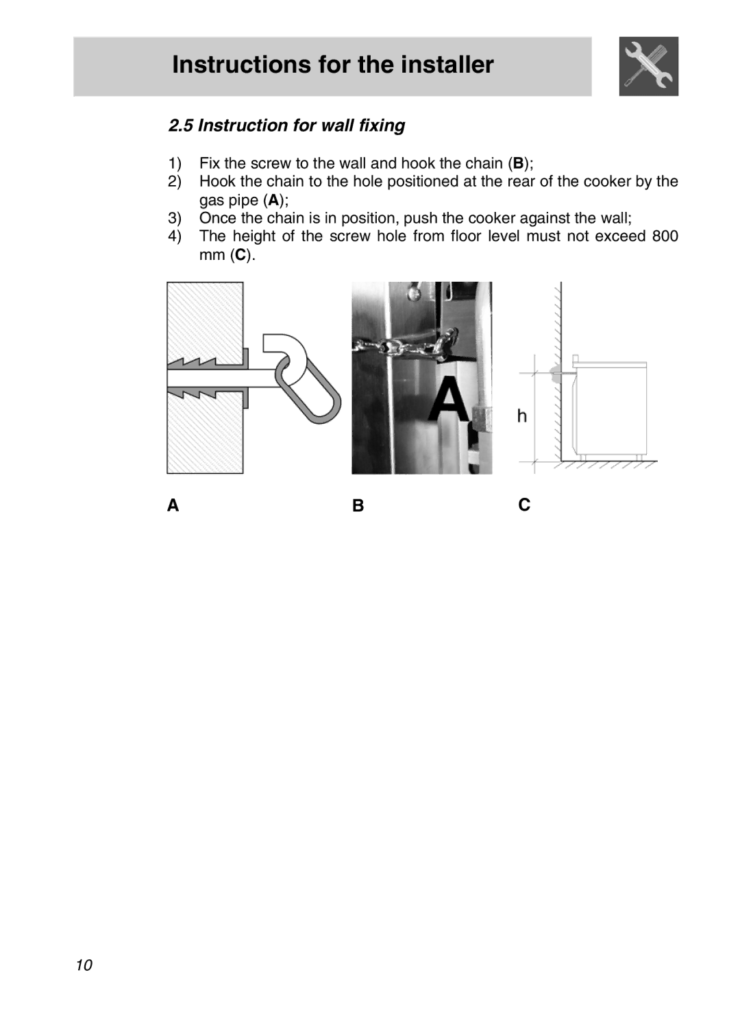 Smeg A11A-5 manual Instruction for wall fixing 