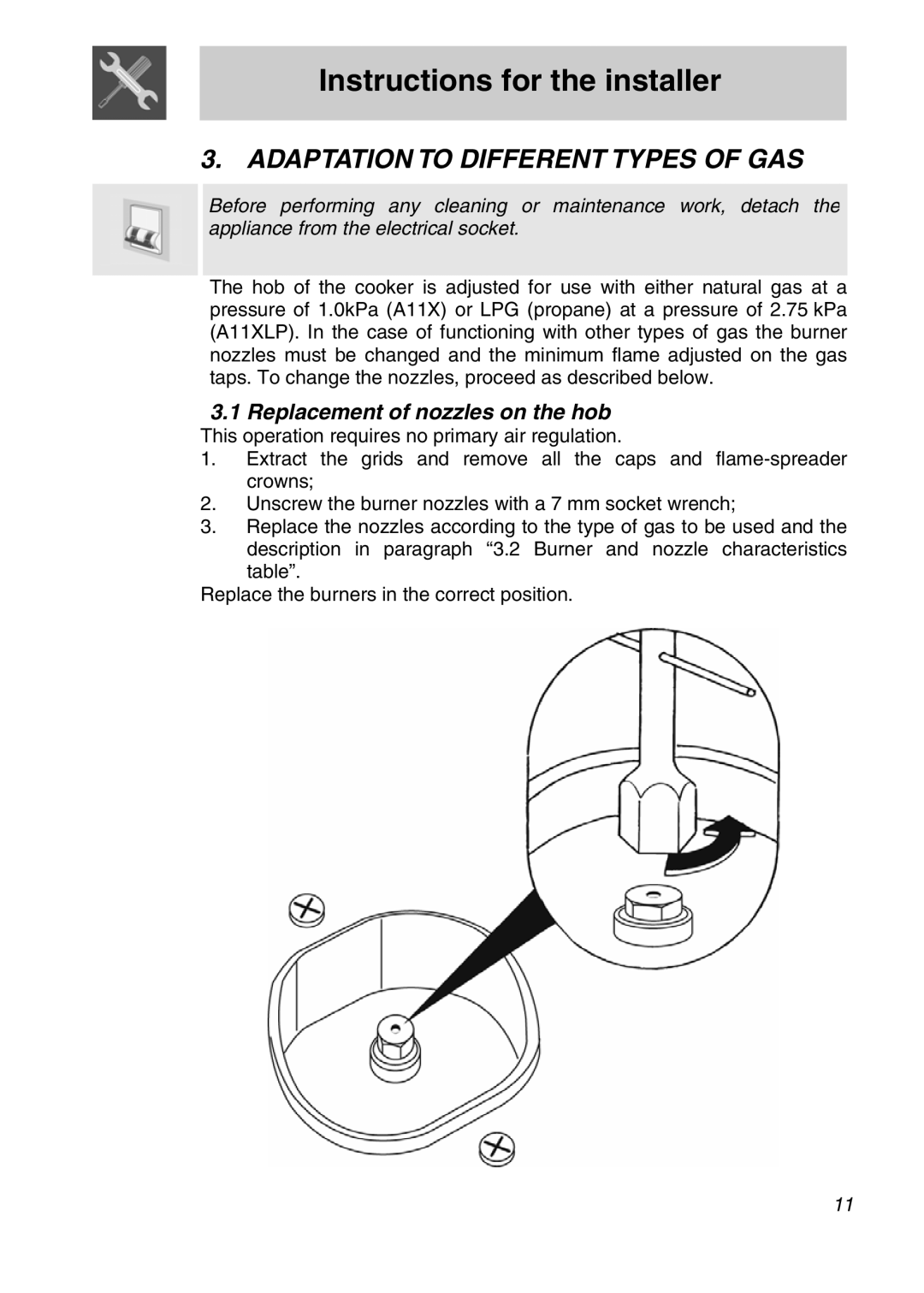 Smeg A11A-5 manual Adaptation to Different Types of GAS, Replacement of nozzles on the hob 