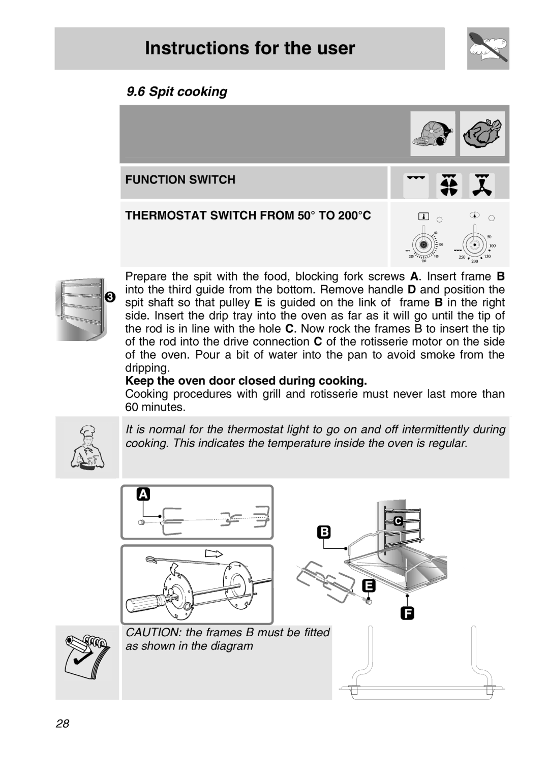 Smeg A11A-6 manual Spit cooking, Function Switch Thermostat Switch from 50 to 200C 