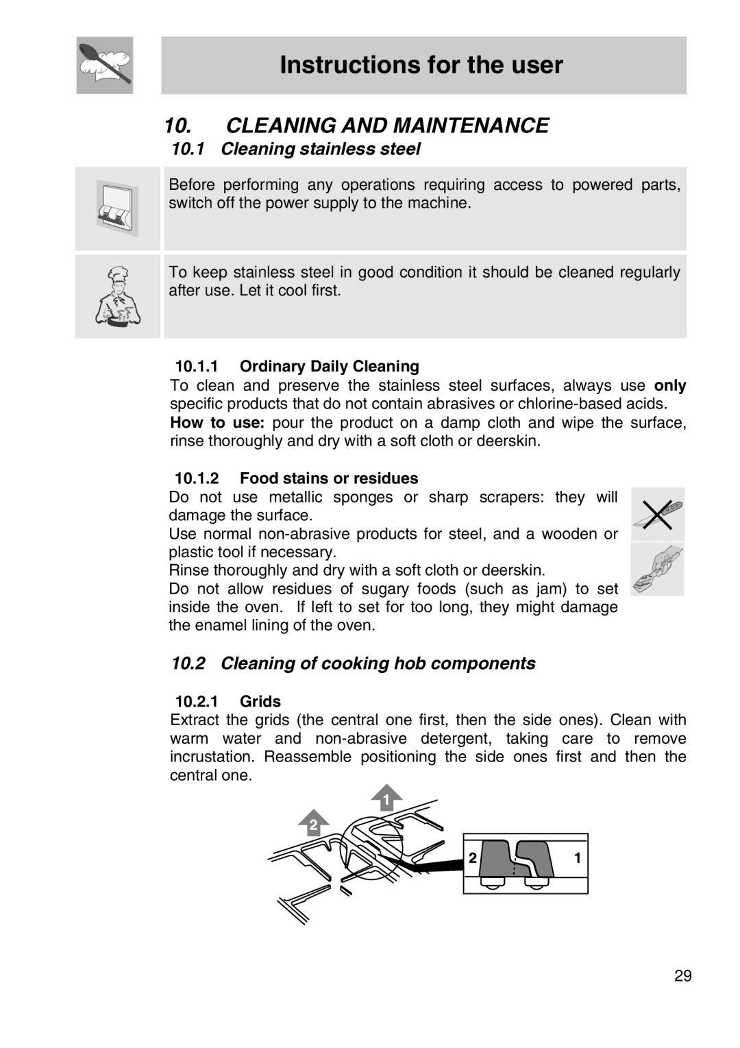 Smeg A11A-6 manual Cleaning and Maintenance, Cleaning stainless steel, Cleaning of cooking hob components 