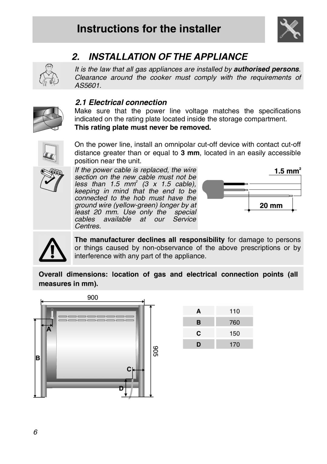 Smeg A11A-6 manual Installation of the Appliance, Electrical connection, This rating plate must never be removed 