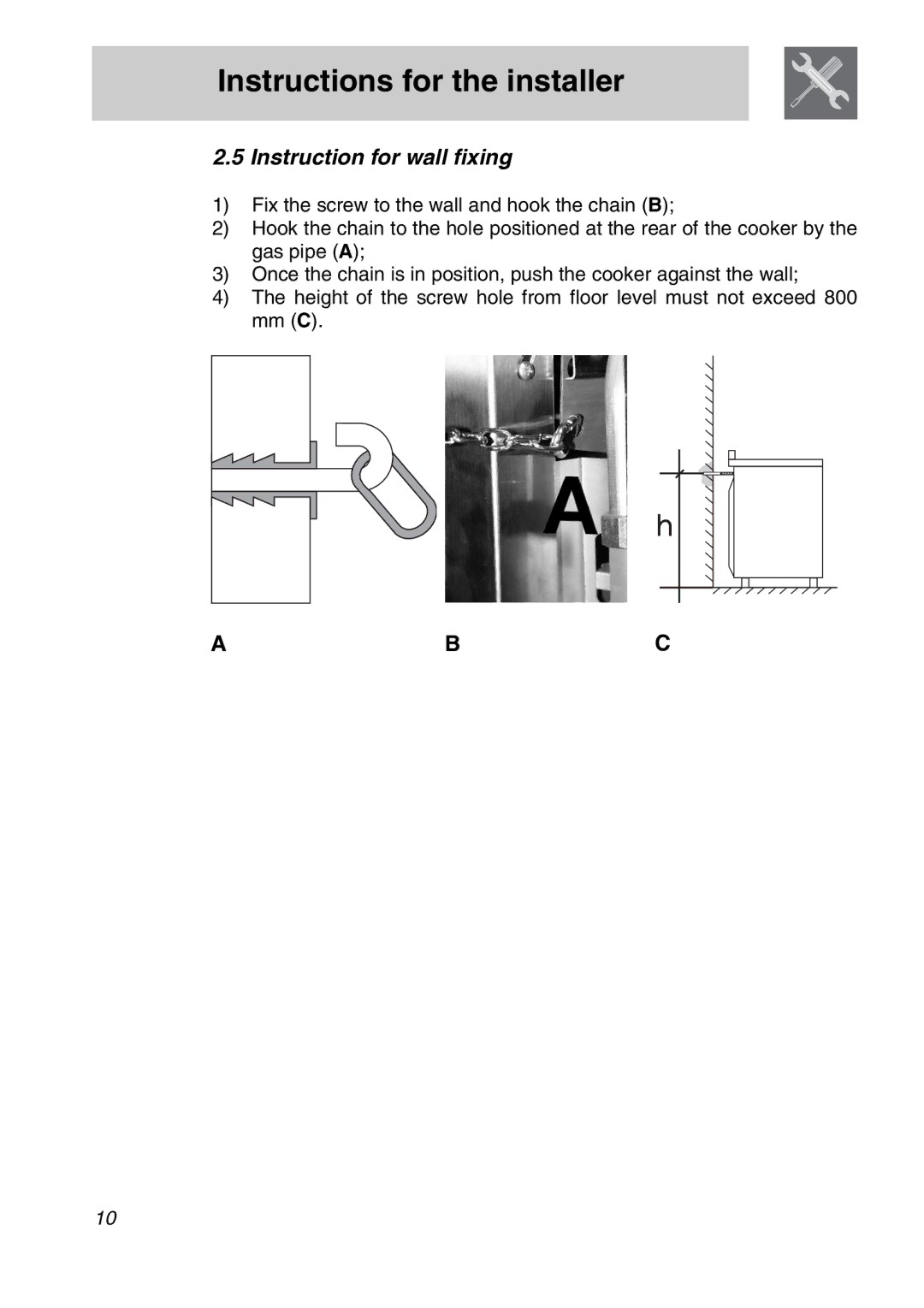 Smeg A11A-6 manual Instruction for wall fixing 