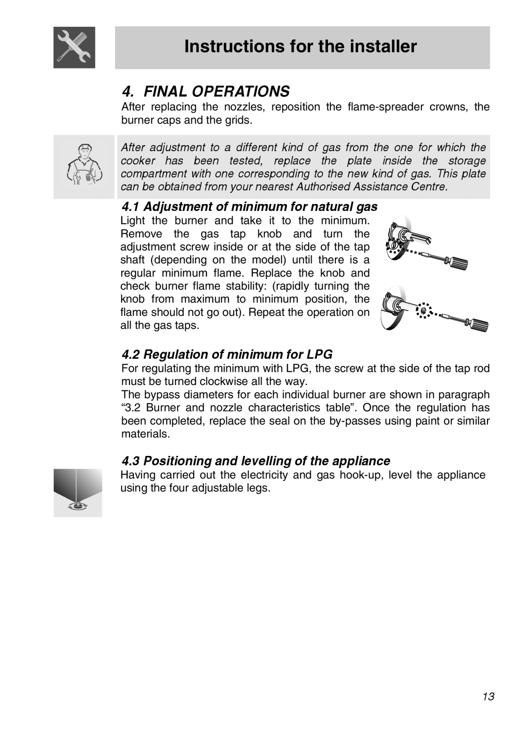 Smeg A11A-6 manual Final Operations, Instructions for the installer, Adjustment of minimum for natural gas 