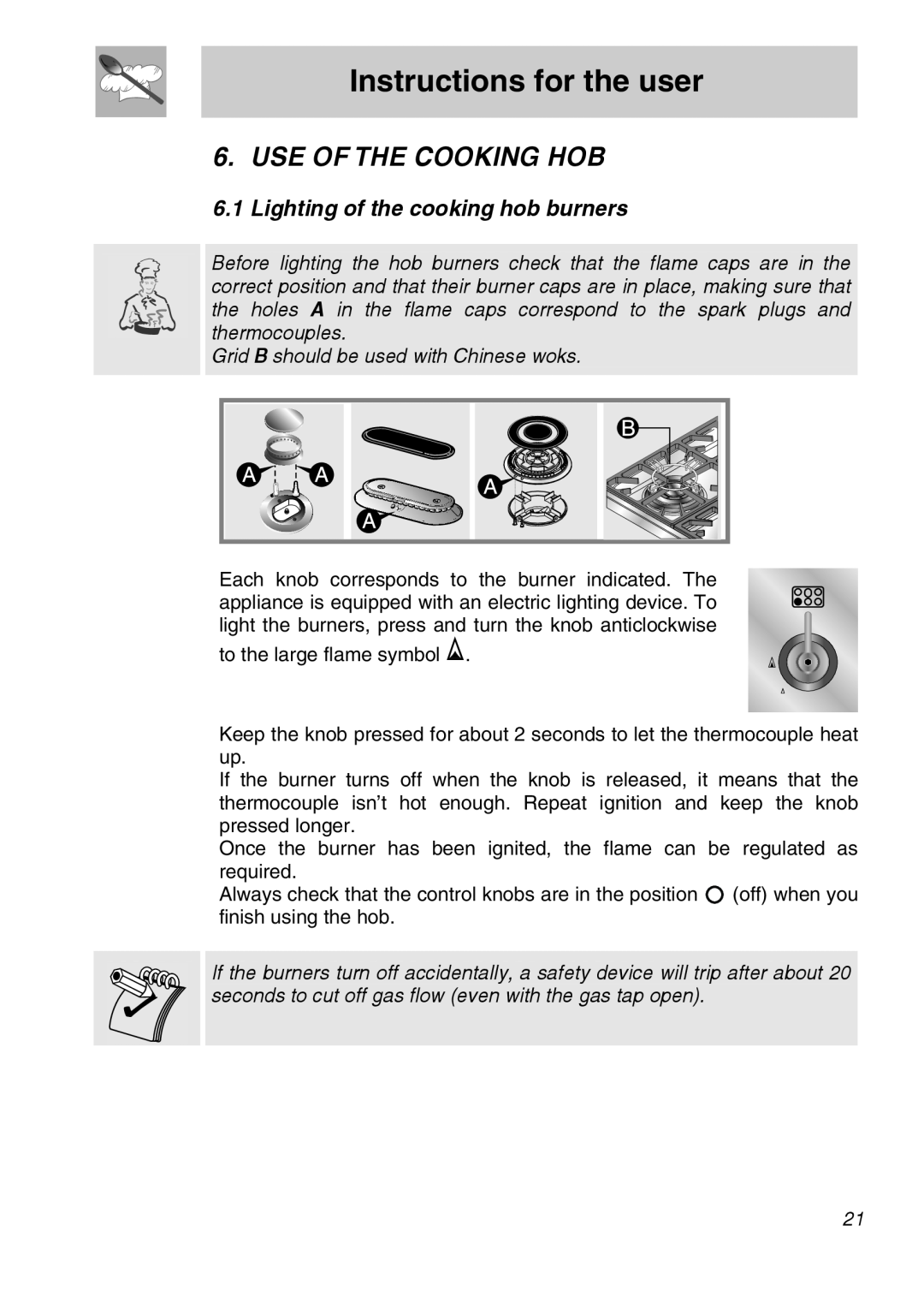 Smeg A11A-6 manual Use Of The Cooking Hob, Instructions for the user, Lighting of the cooking hob burners 