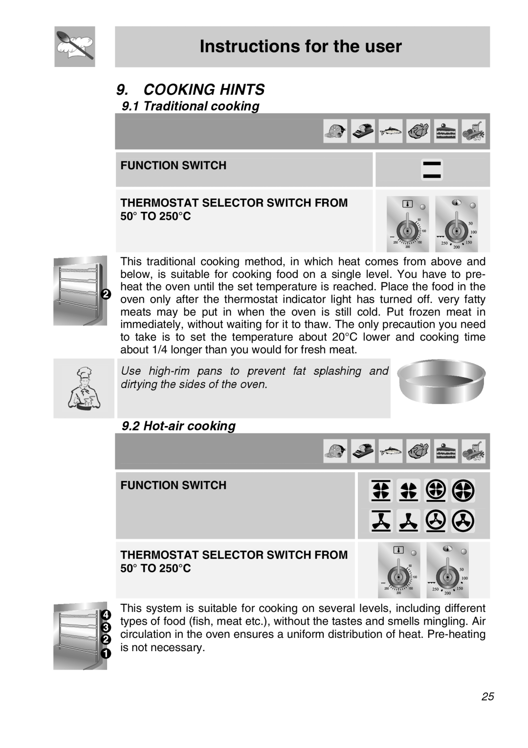 Smeg A11A-6 manual Cooking Hints, Instructions for the user, Traditional cooking, Hot-air cooking 