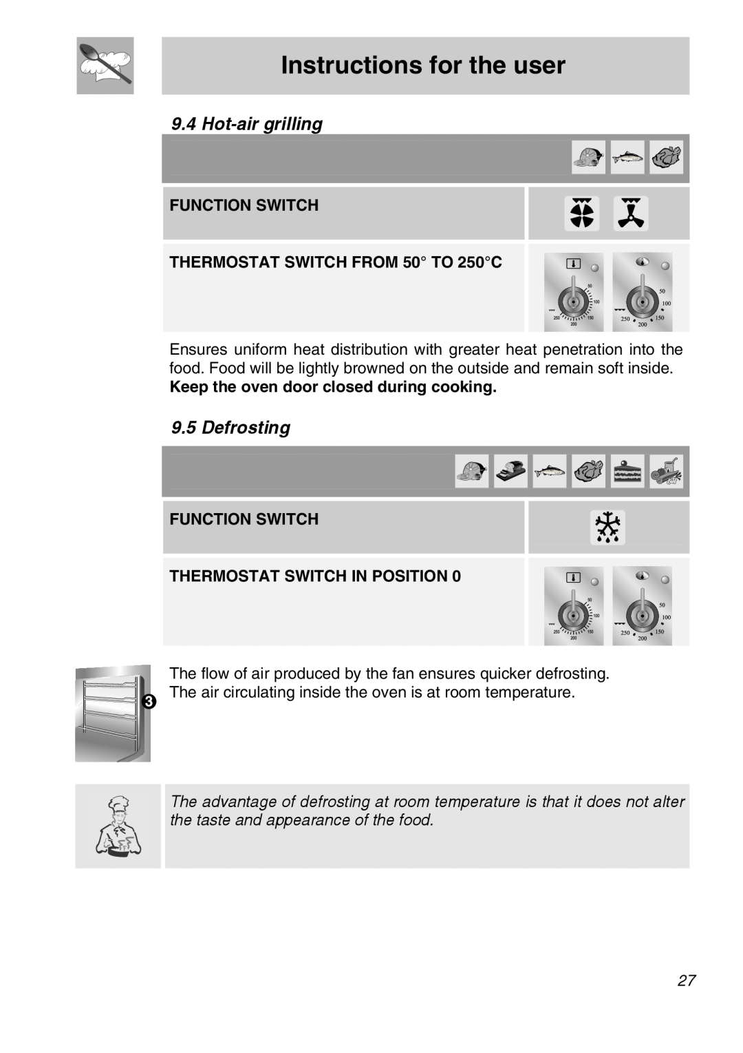 Smeg A11A-6 Instructions for the user, Hot-air grilling, Defrosting, FUNCTION SWITCH THERMOSTAT SWITCH FROM 50 TO 250C 