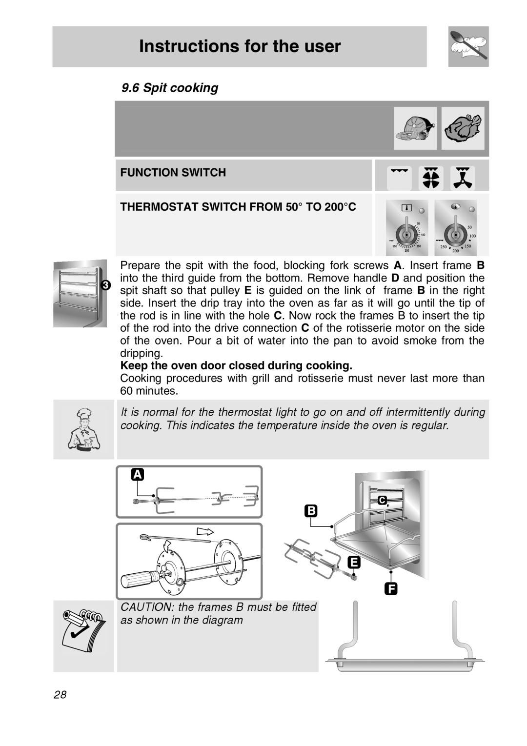 Smeg A11A-6 manual Instructions for the user, Spit cooking, FUNCTION SWITCH THERMOSTAT SWITCH FROM 50 TO 200C 