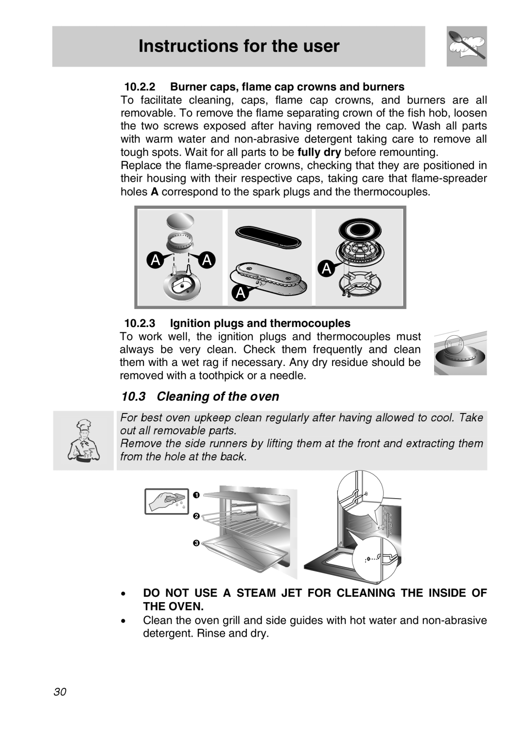 Smeg A11A-6 manual Instructions for the user, Cleaning of the oven, Burner caps, flame cap crowns and burners 
