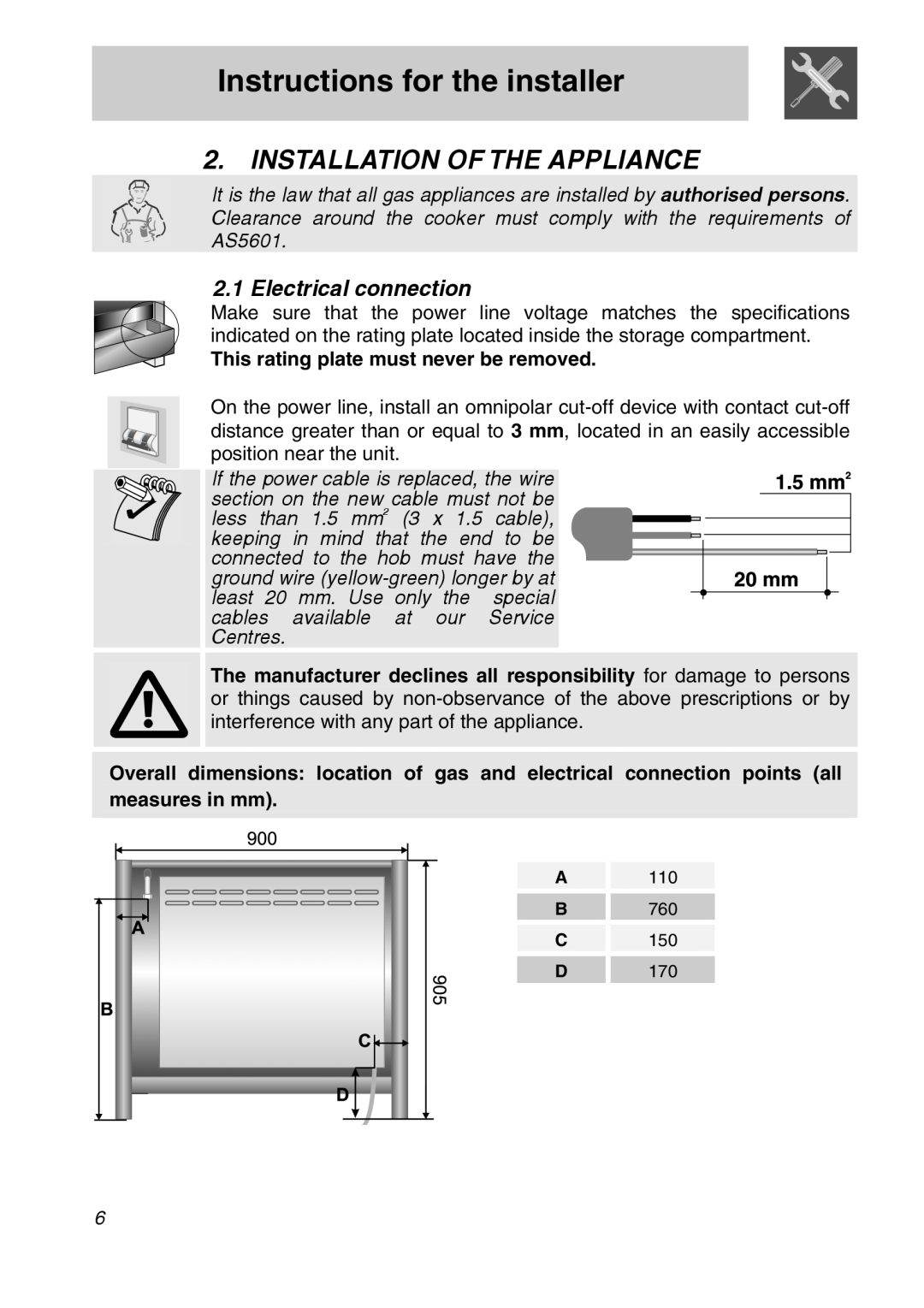 Smeg A11A-6 manual Instructions for the installer, Installation Of The Appliance, This rating plate must never be removed 