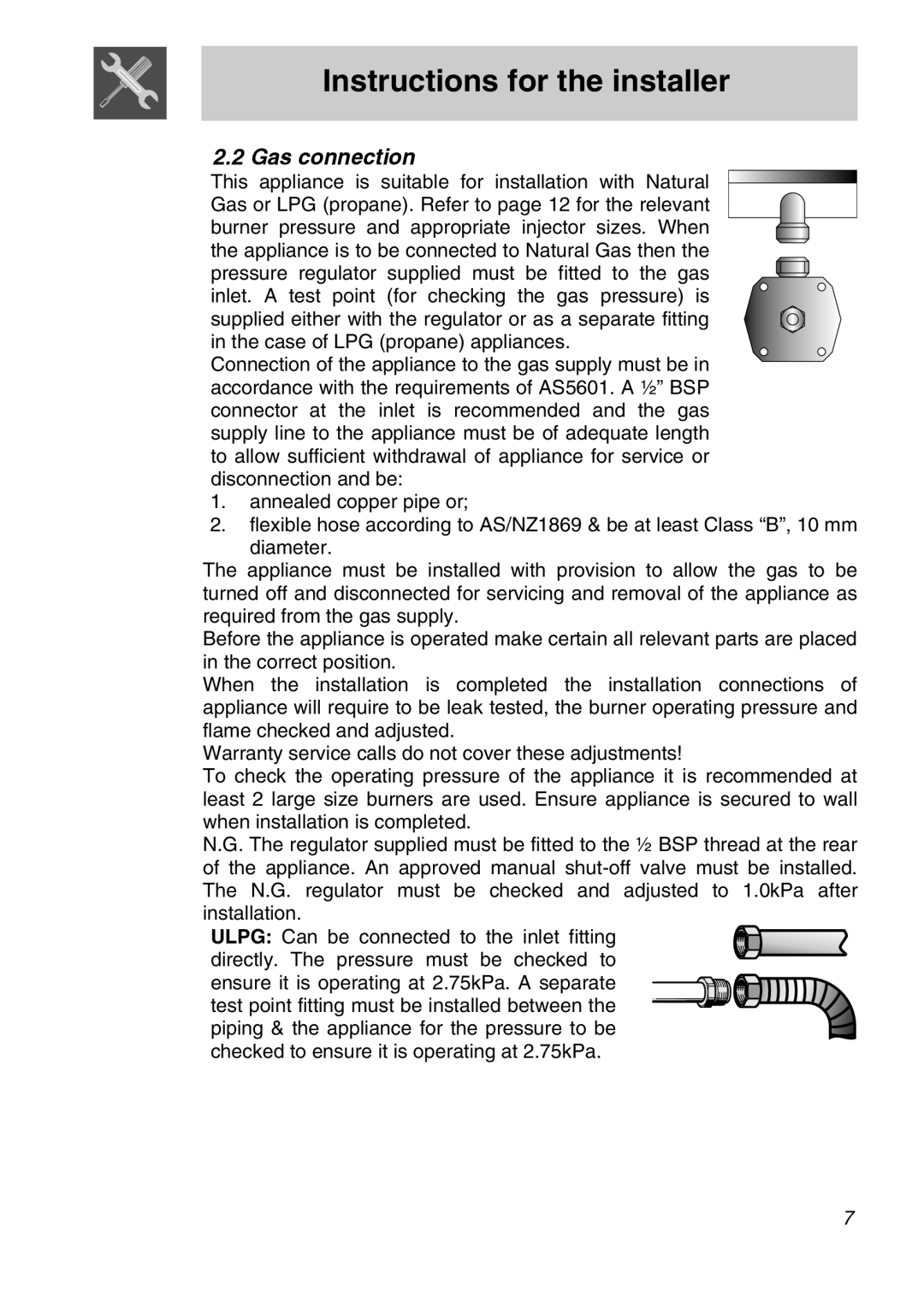 Smeg A11A-6 manual Instructions for the installer, Gas connection 