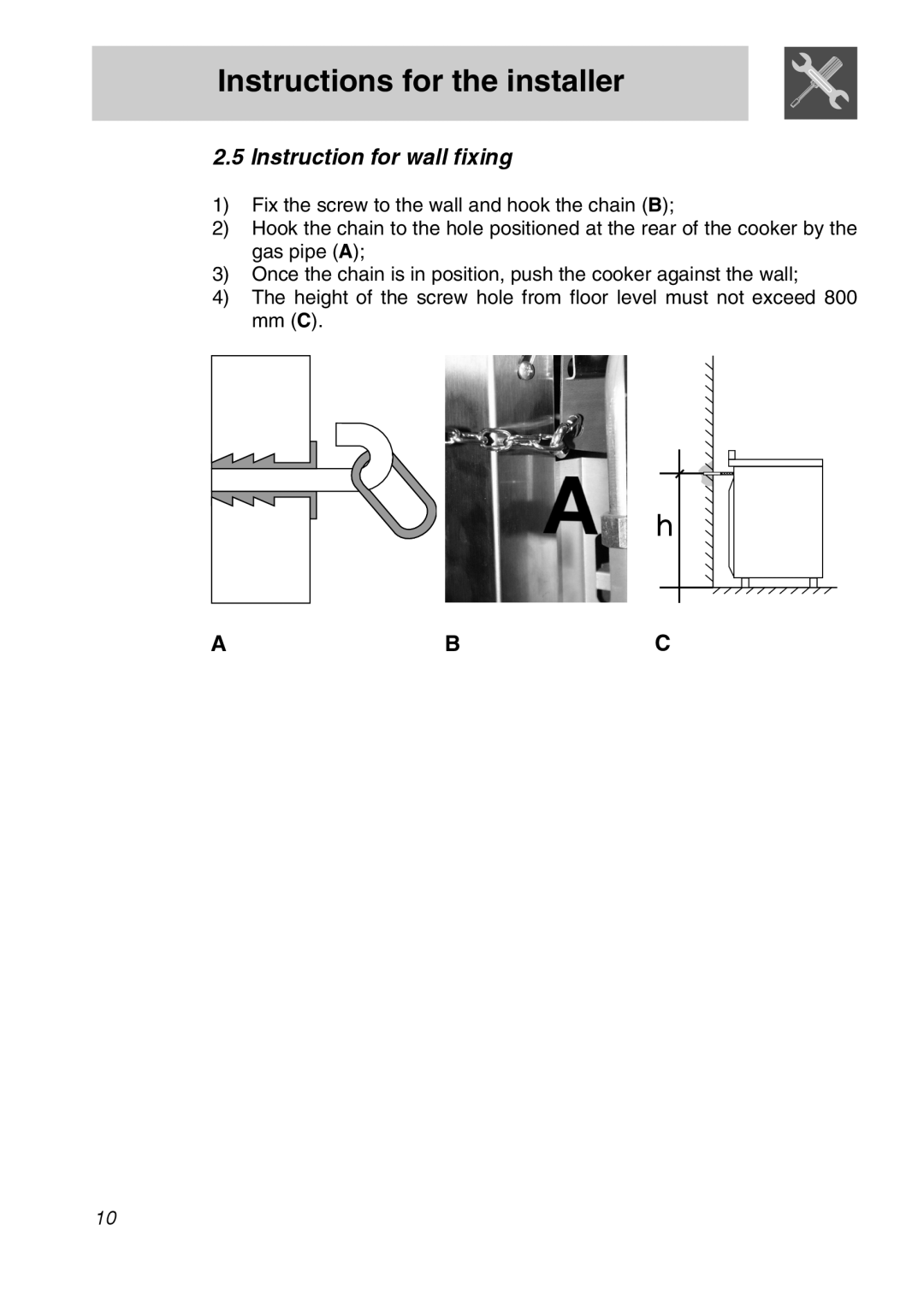 Smeg A11A-6 manual Instructions for the installer, Instruction for wall fixing 