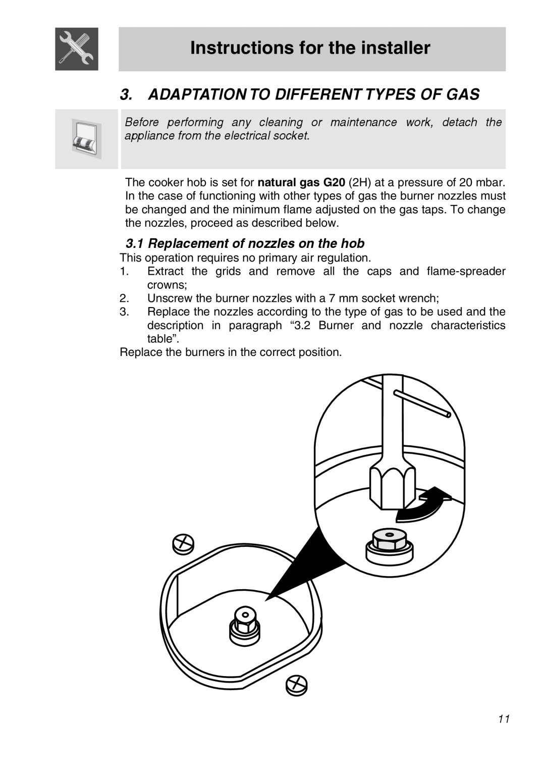 Smeg A11A-6 manual Adaptation To Different Types Of Gas, Instructions for the installer, Replacement of nozzles on the hob 