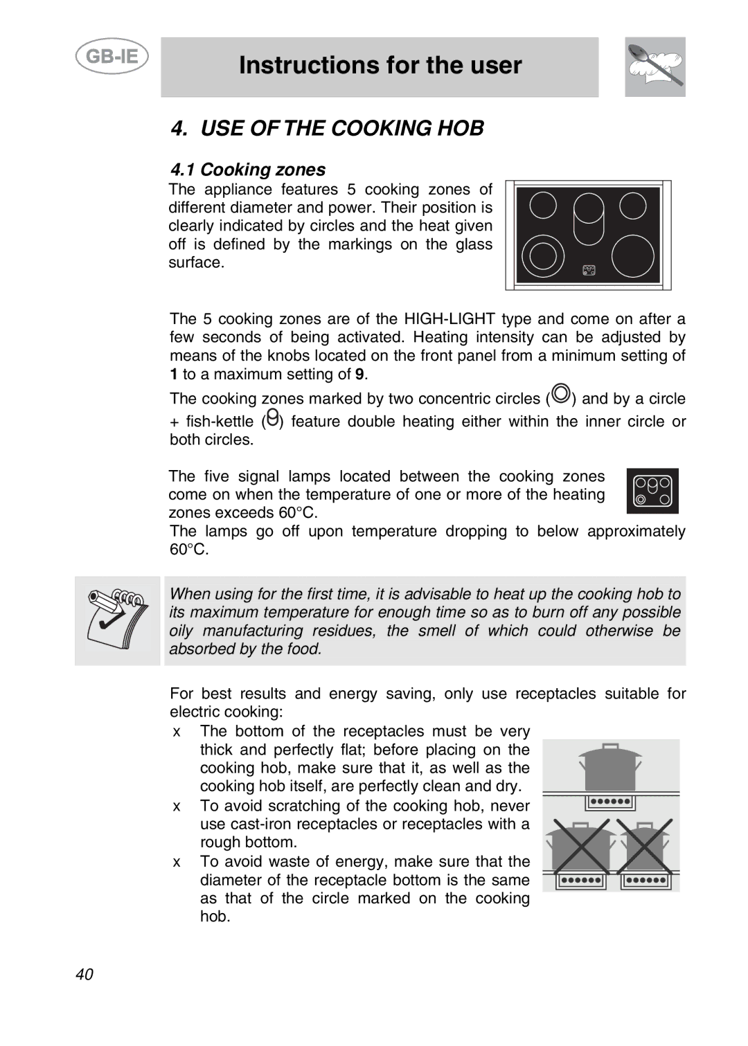 Smeg A11CER-6, A11CER-5 manual USE of the Cooking HOB, Cooking zones 