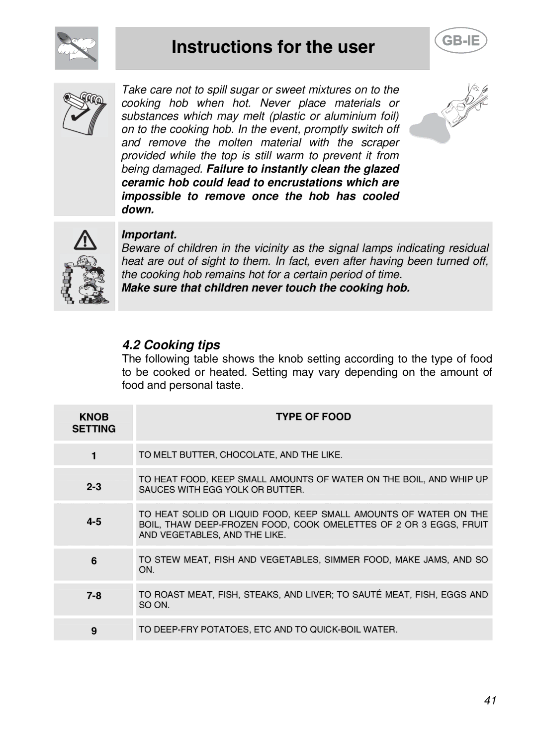 Smeg A11CER-5, A11CER-6 manual Cooking tips, Knob Setting Type of Food 