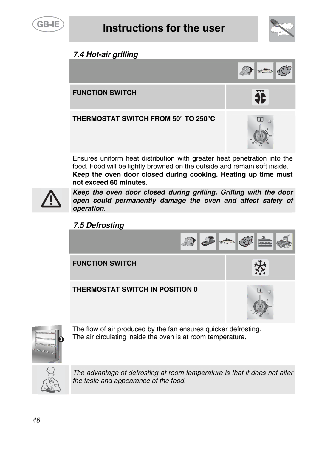 Smeg A11CER-6, A11CER-5 manual Hot-air grilling, Defrosting, Function Switch Thermostat Switch from 50 to 250C 