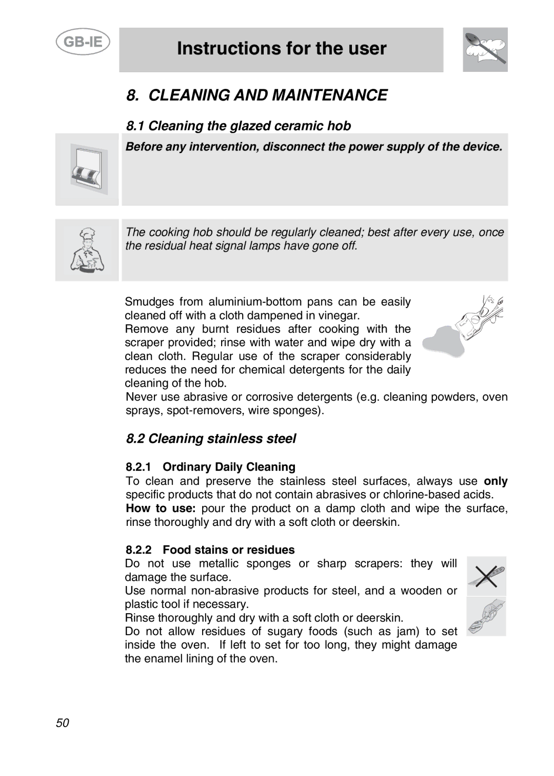 Smeg A11CER-5 Cleaning and Maintenance, Cleaning the glazed ceramic hob, Cleaning stainless steel, Ordinary Daily Cleaning 