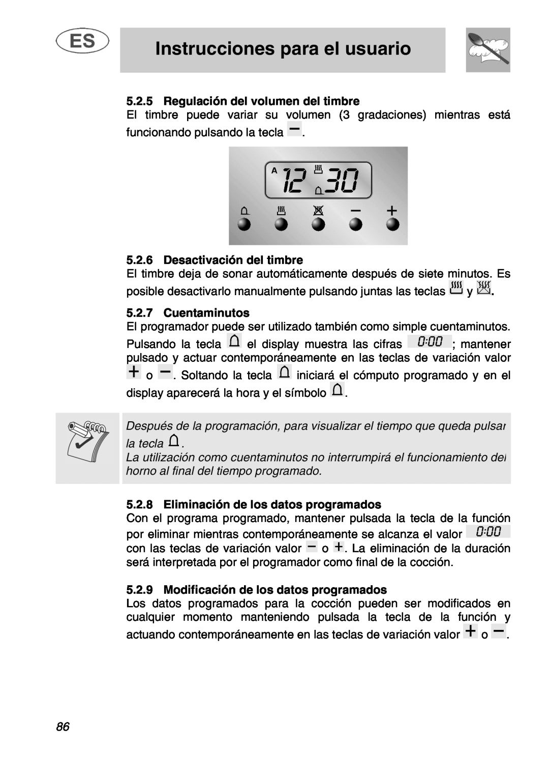 Smeg A1.1 Regulación del volumen del timbre, Desactivación del timbre, Cuentaminutos, Eliminación de los datos programados 