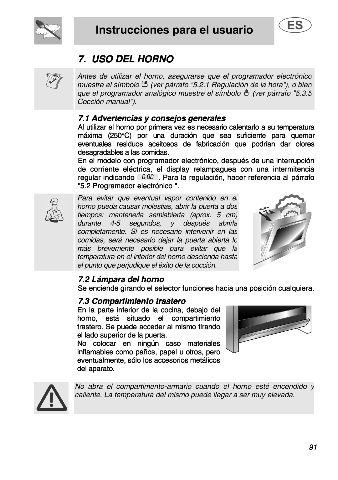 Smeg A1.1K Uso Del Horno, Advertencias y consejos generales, 7.2 Lámpara del horno, Compartimiento trastero 