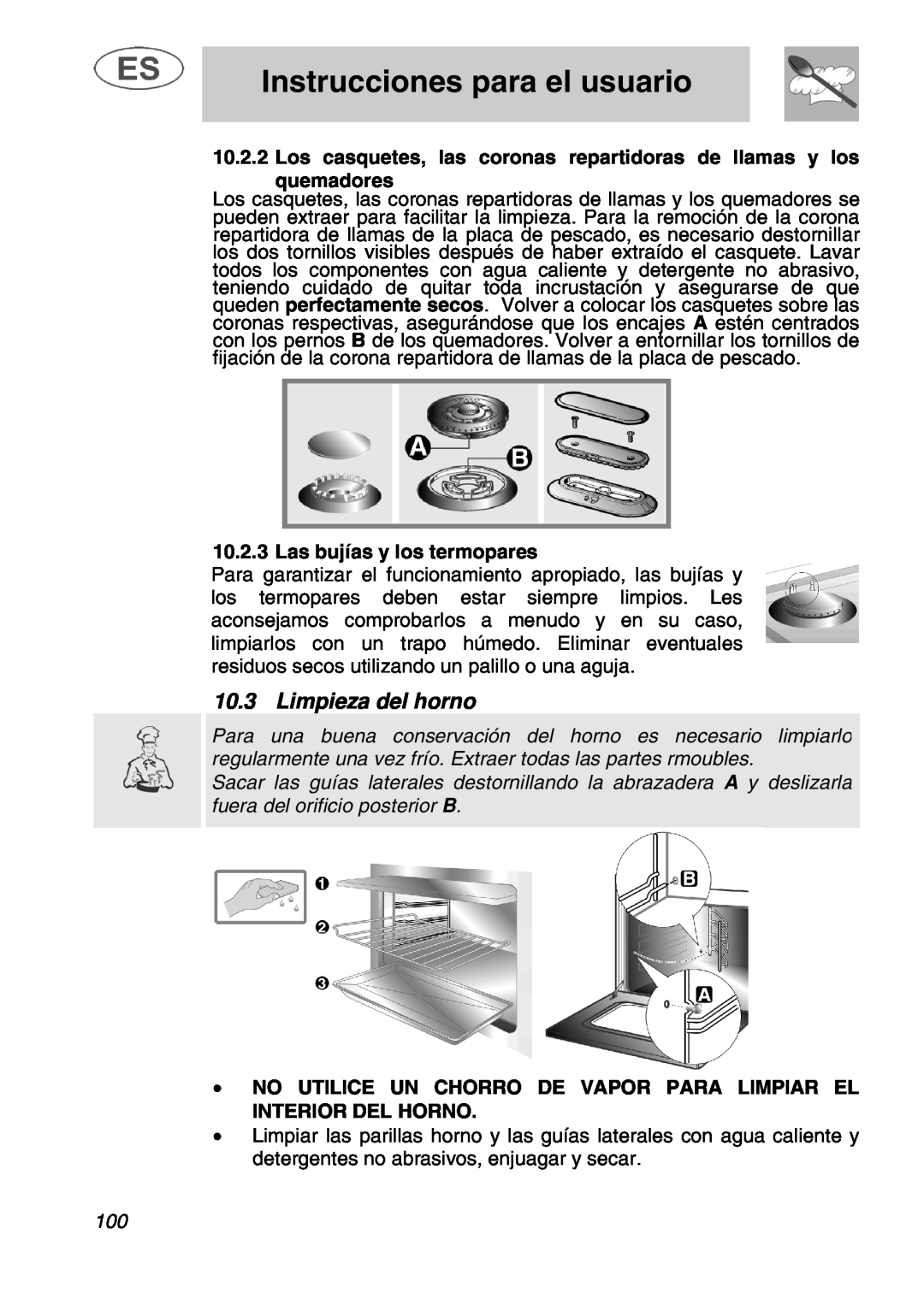 Smeg A1.1 Limpieza del horno, Las bujías y los termopares, fuera del orificio posterior B, Instrucciones para el usuario 