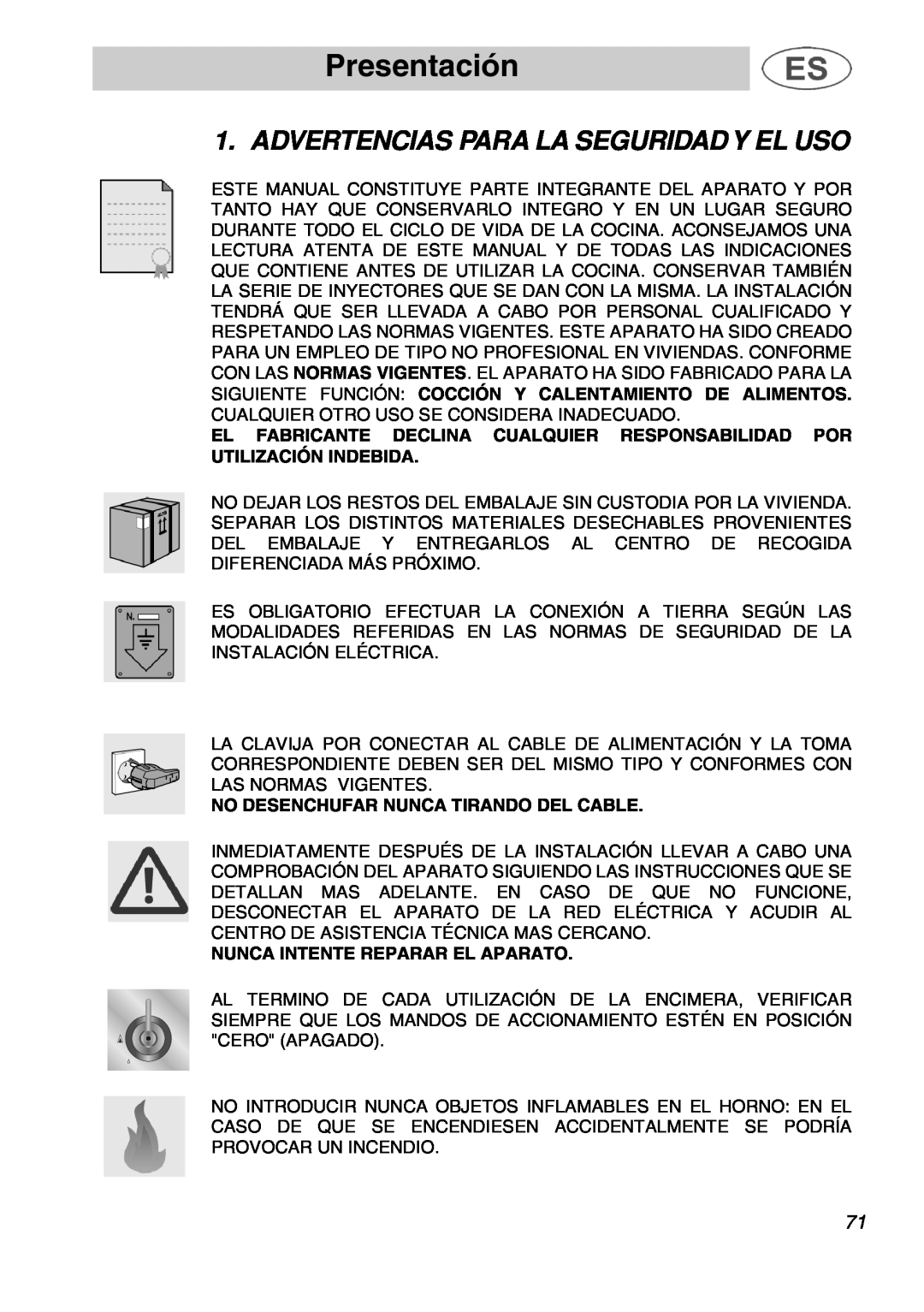 Smeg A1.1K instruction manual Presentación, Advertencias Para La Seguridad Y El Uso, No Desenchufar Nunca Tirando Del Cable 