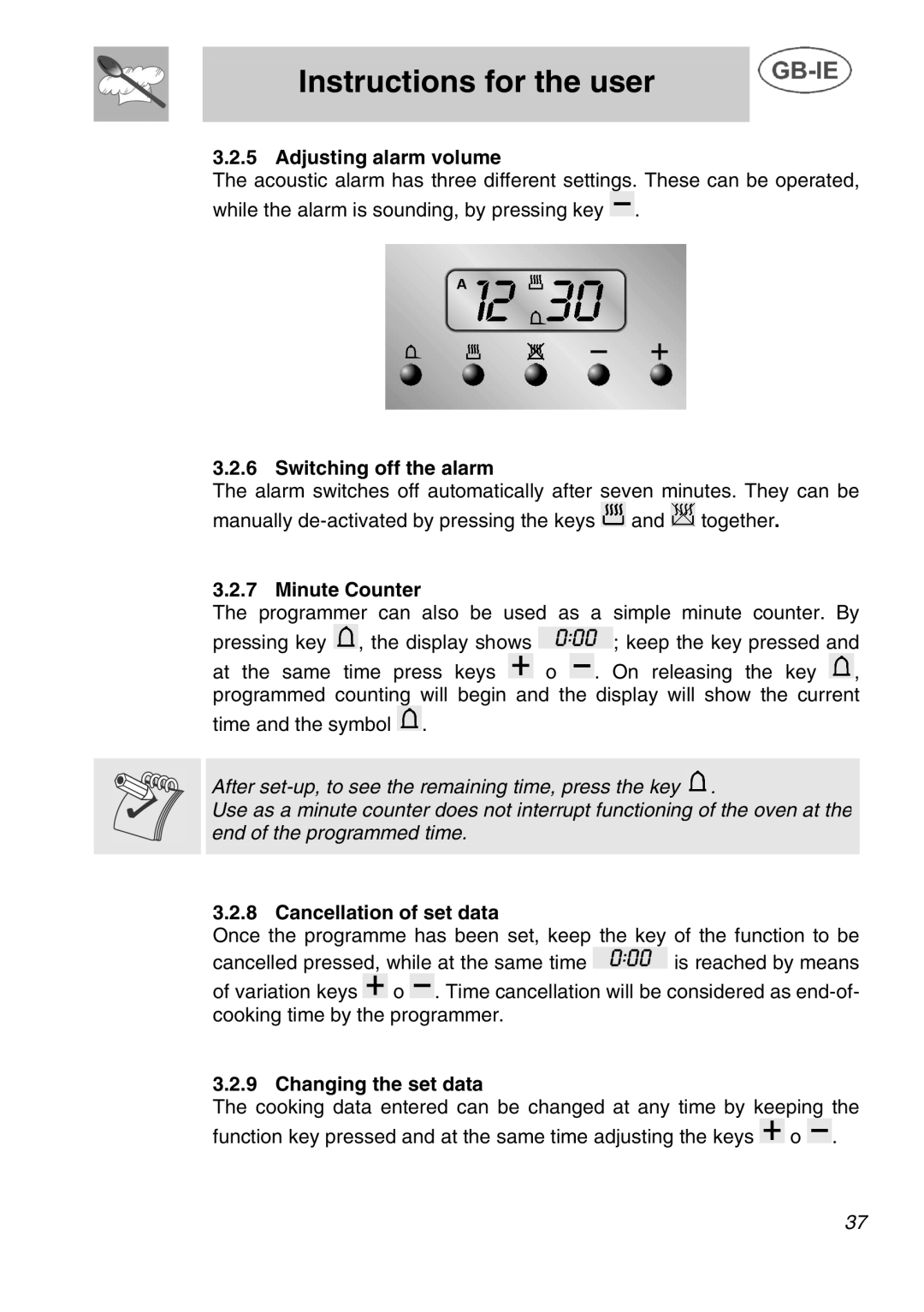 Smeg A1C Adjusting alarm volume, Switching off the alarm, Minute Counter, Cancellation of set data, Changing the set data 