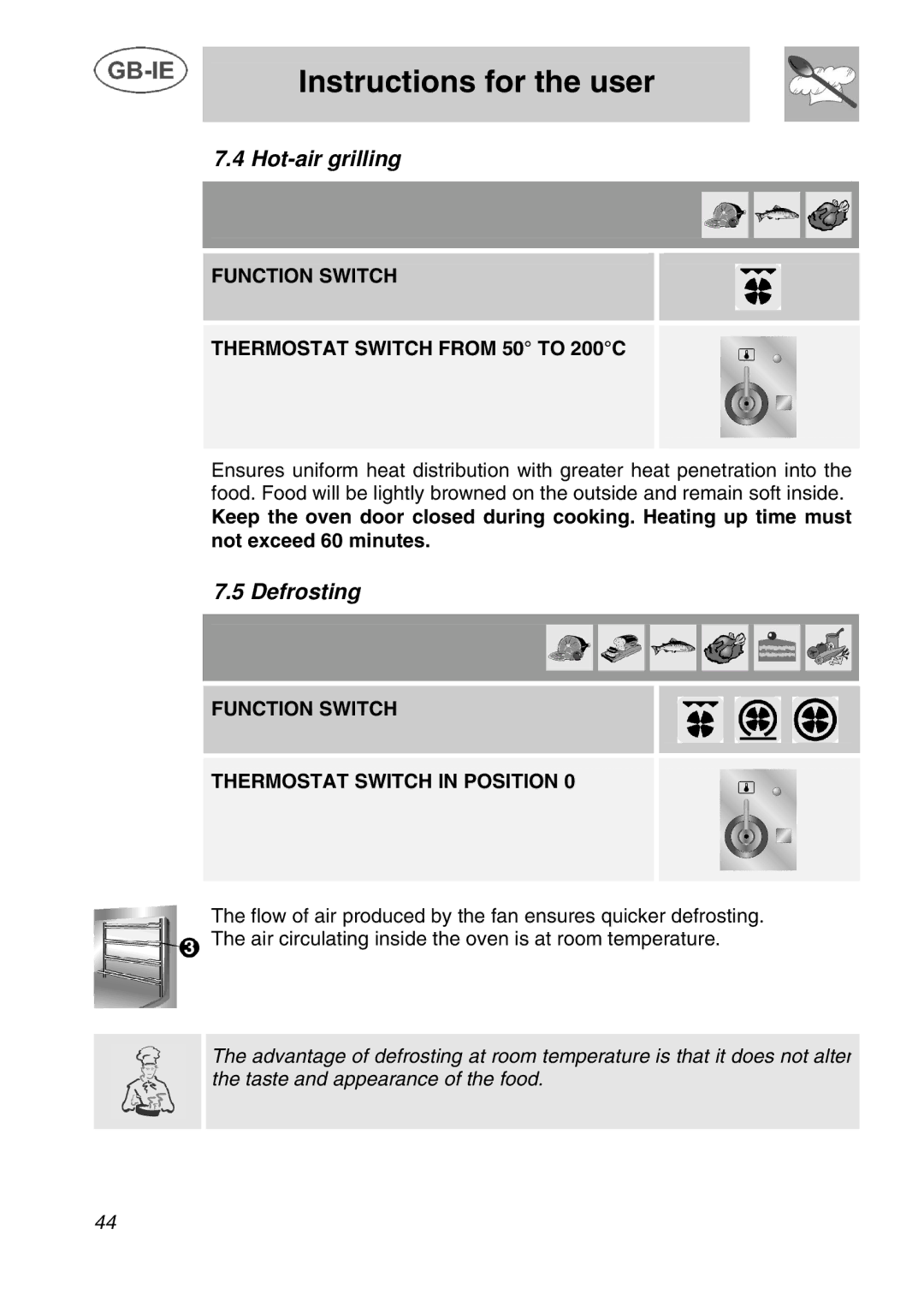 Smeg A1C manual Hot-air grilling, Defrosting, Function Switch Thermostat Switch from 50 to 200C 