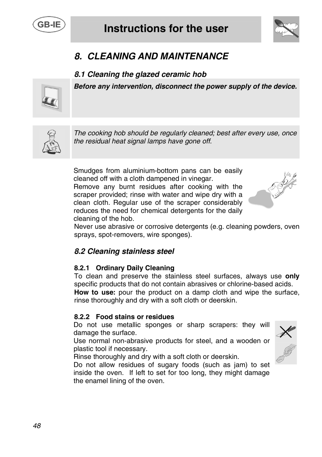 Smeg A1C Cleaning and Maintenance, Cleaning the glazed ceramic hob, Cleaning stainless steel, Ordinary Daily Cleaning 