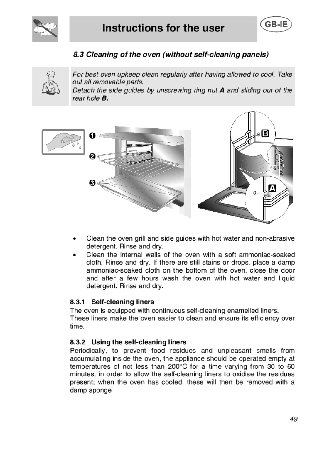 Smeg A1C manual Cleaning of the oven without self-cleaning panels, Self-cleaning liners, Using the self-cleaning liners 