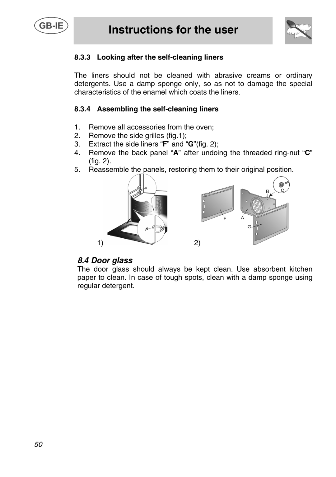 Smeg A1C manual Door glass, Looking after the self-cleaning liners, Assembling the self-cleaning liners 