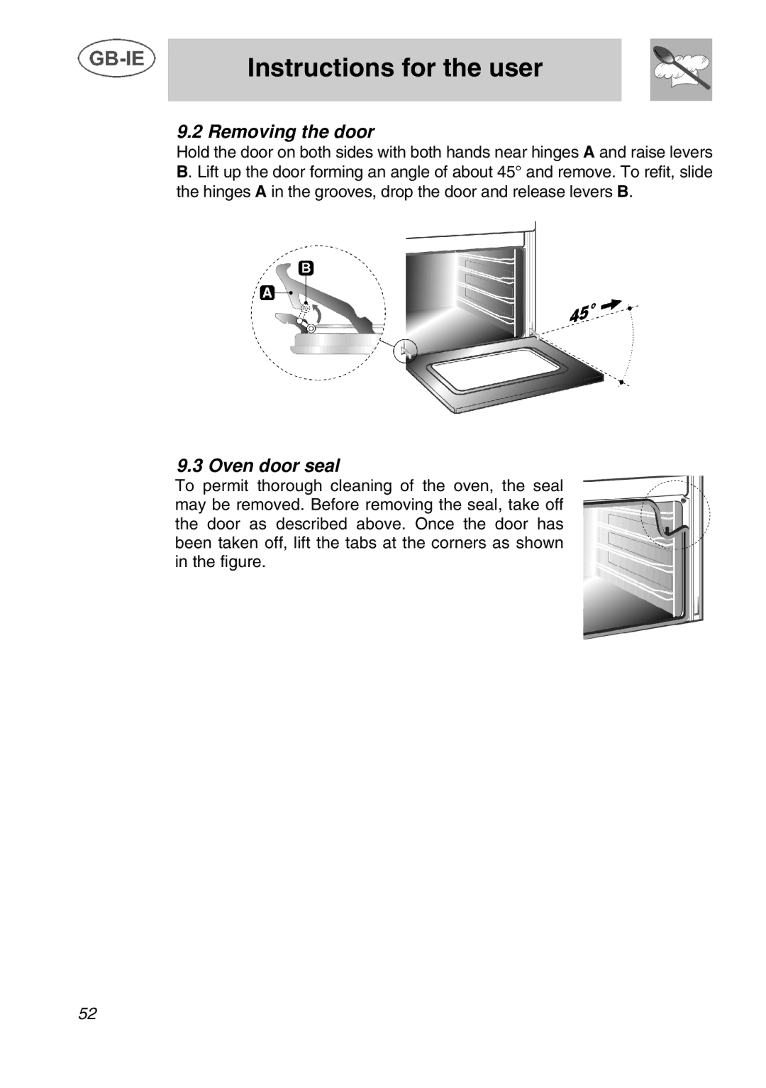 Smeg A1C manual Removing the door, Oven door seal 