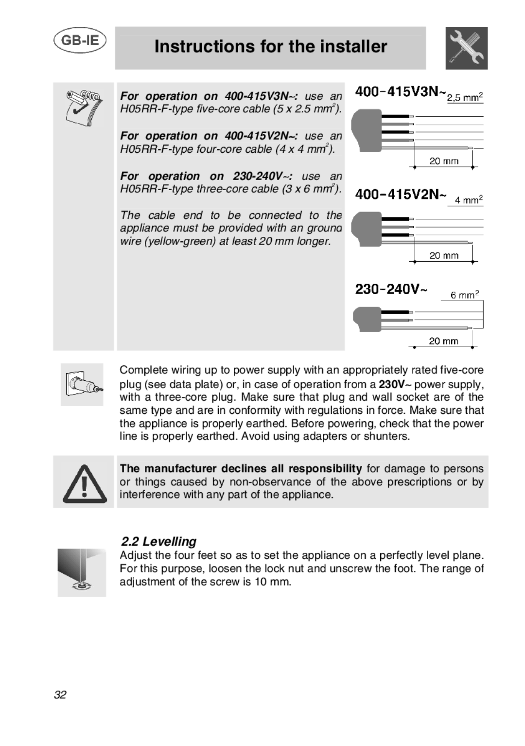 Smeg A1C manual Levelling, For operation on 230-240V∼ use an 