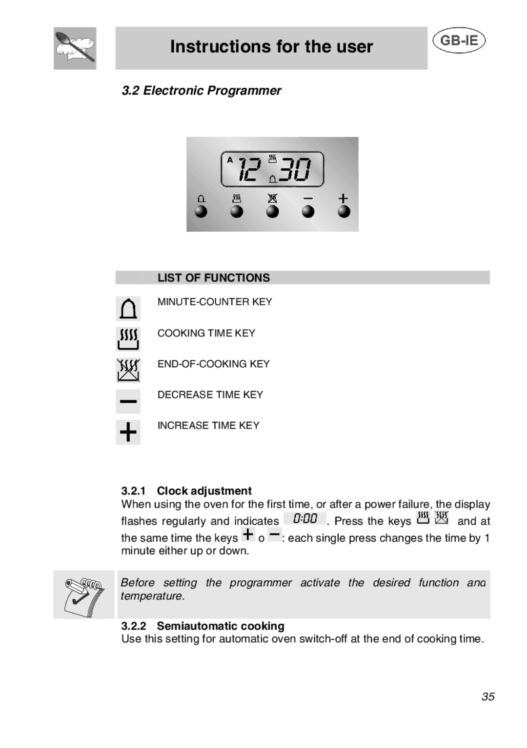 Smeg A1C manual Electronic Programmer, List of Functions, Clock adjustment, Semiautomatic cooking 