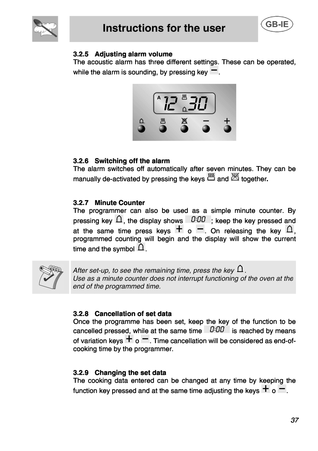 Smeg A1C Instructions for the user, Adjusting alarm volume, Switching off the alarm, Minute Counter, Changing the set data 