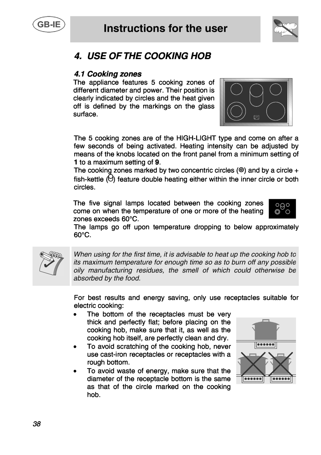 Smeg A1C manual Use Of The Cooking Hob, Cooking zones, Instructions for the user 