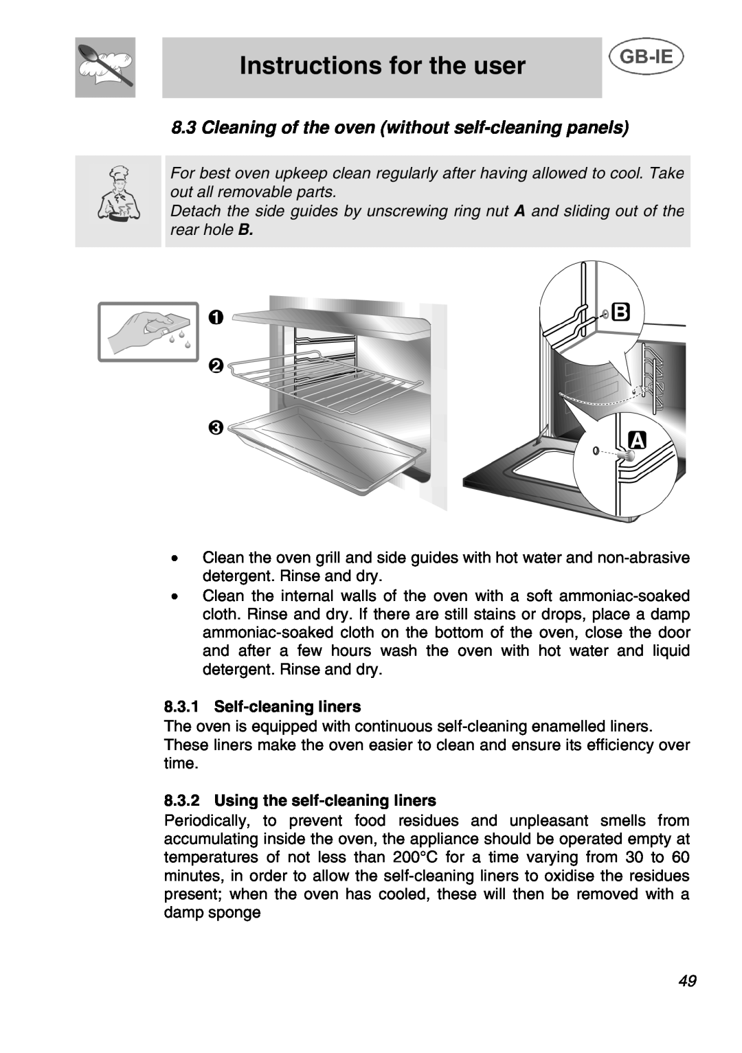 Smeg A1C manual Cleaning of the oven without self-cleaning panels, Instructions for the user, Self-cleaning liners 