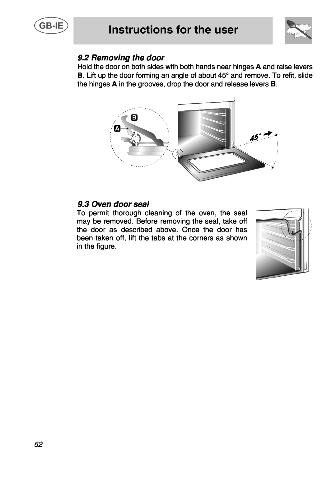 Smeg A1C manual Removing the door, Oven door seal, Instructions for the user 