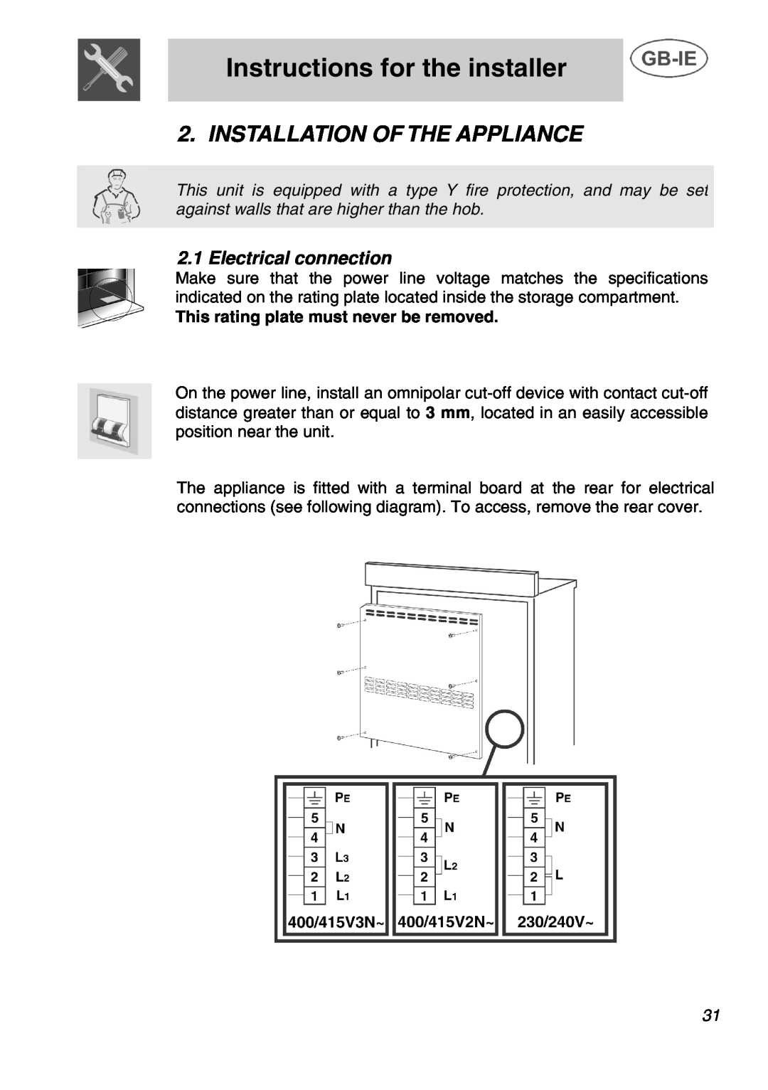 Smeg A1C manual Instructions for the installer, Installation Of The Appliance, Electrical connection 