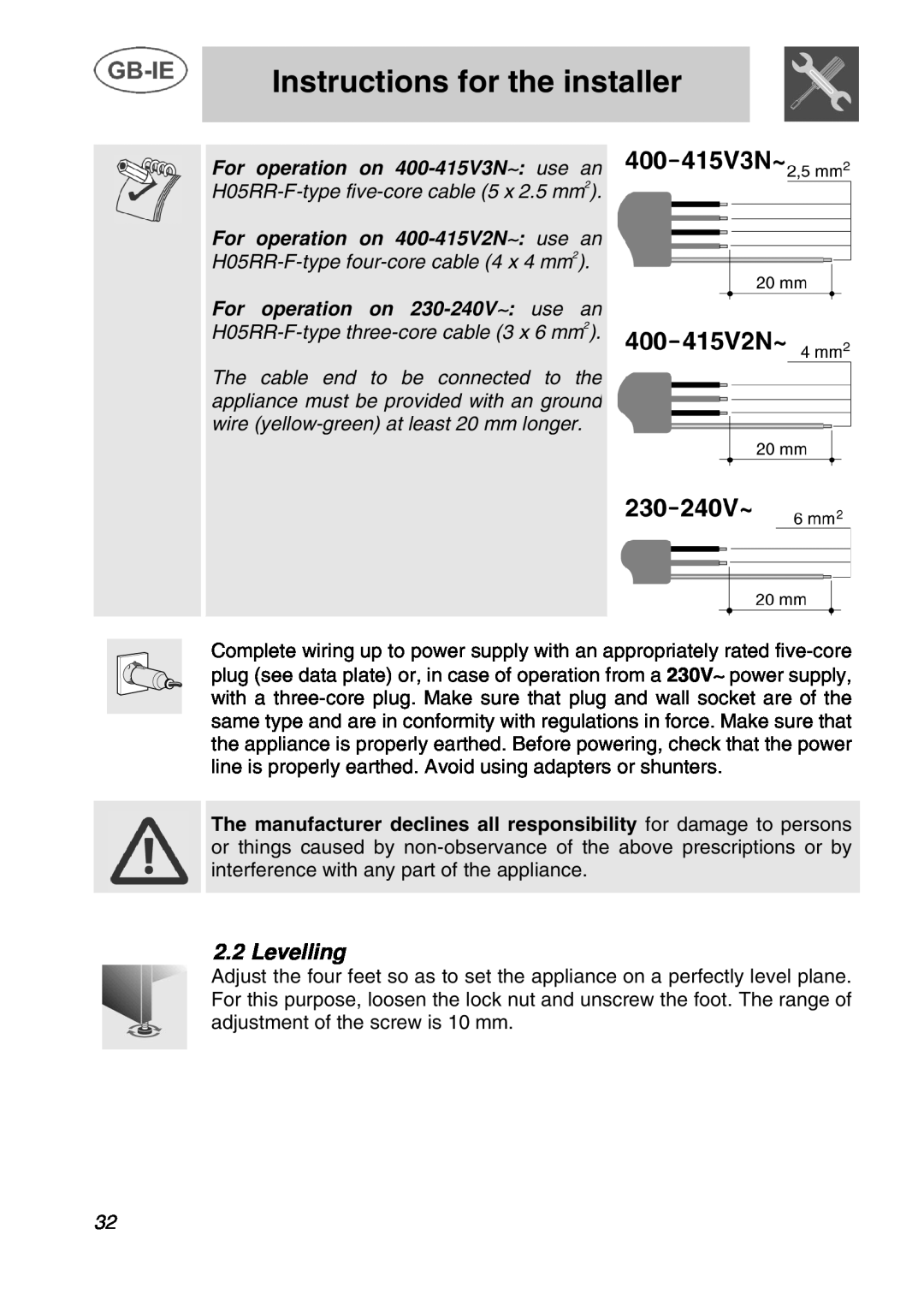 Smeg A1C Levelling, Instructions for the installer, For operation on 400-415V3N∼ use an, For operation on 230-240V∼ use an 