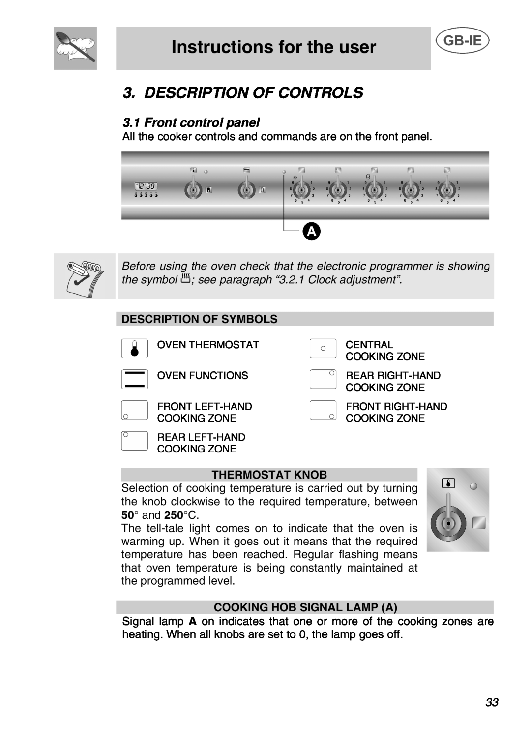 Smeg A1C Instructions for the user, Description Of Controls, Front control panel, Description Of Symbols, Thermostat Knob 