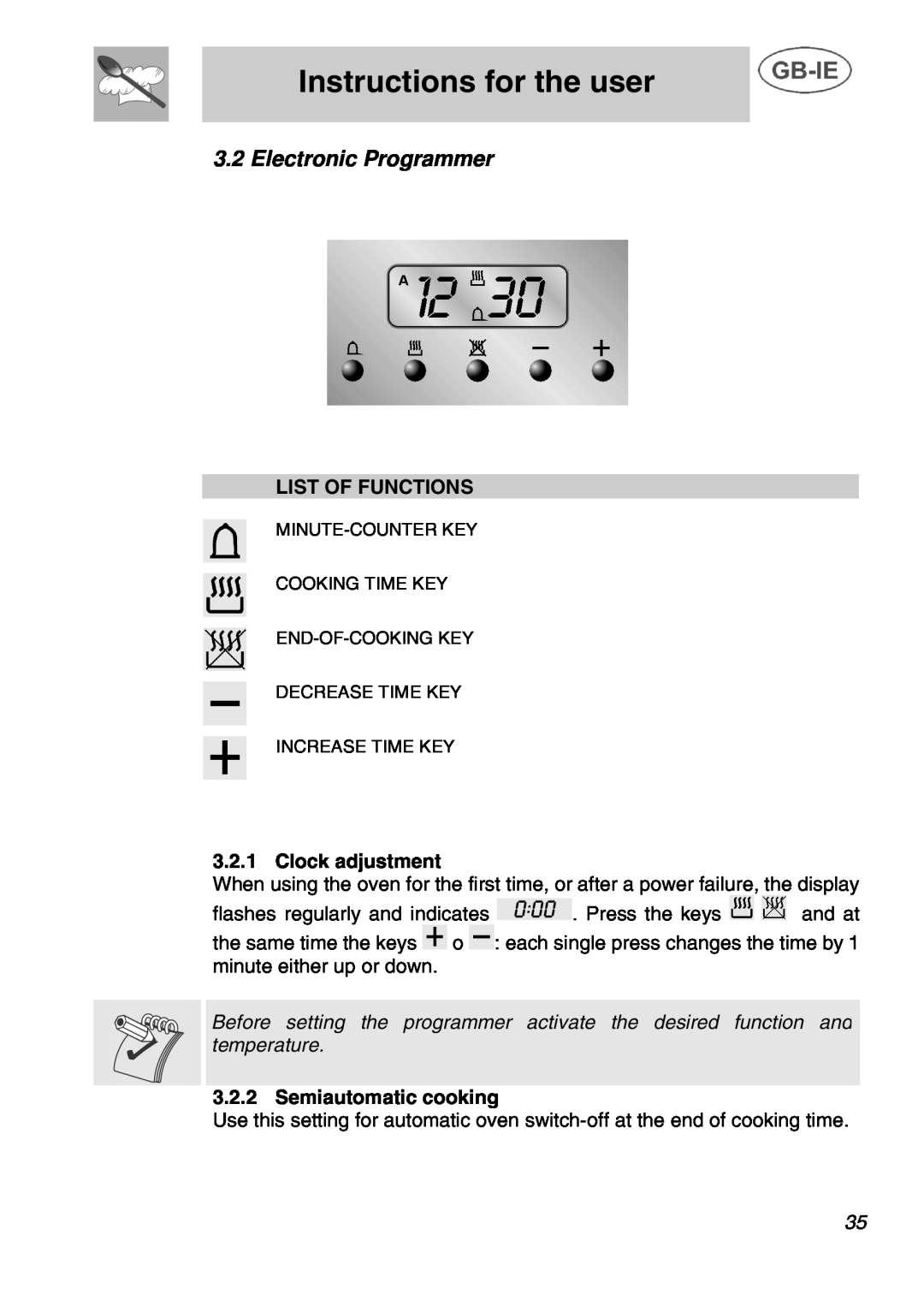 Smeg A1C Electronic Programmer, Instructions for the user, List Of Functions, Clock adjustment, Semiautomatic cooking 