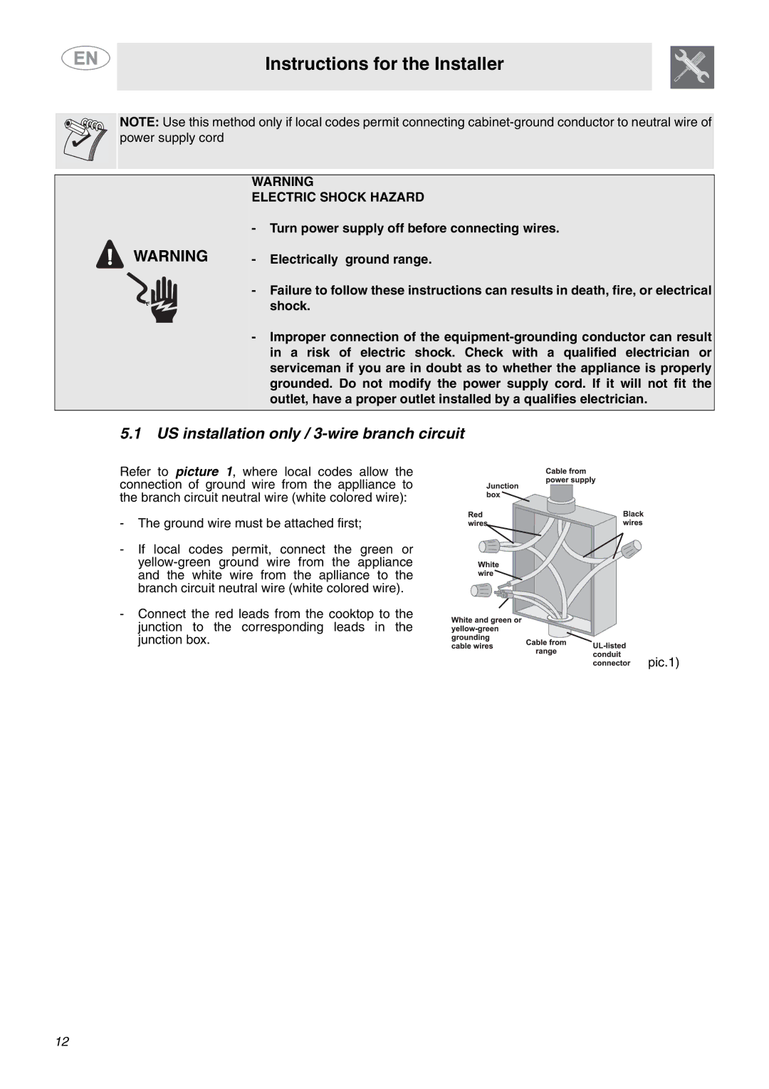 Smeg A1CXU6 important safety instructions US installation only / 3-wire branch circuit 