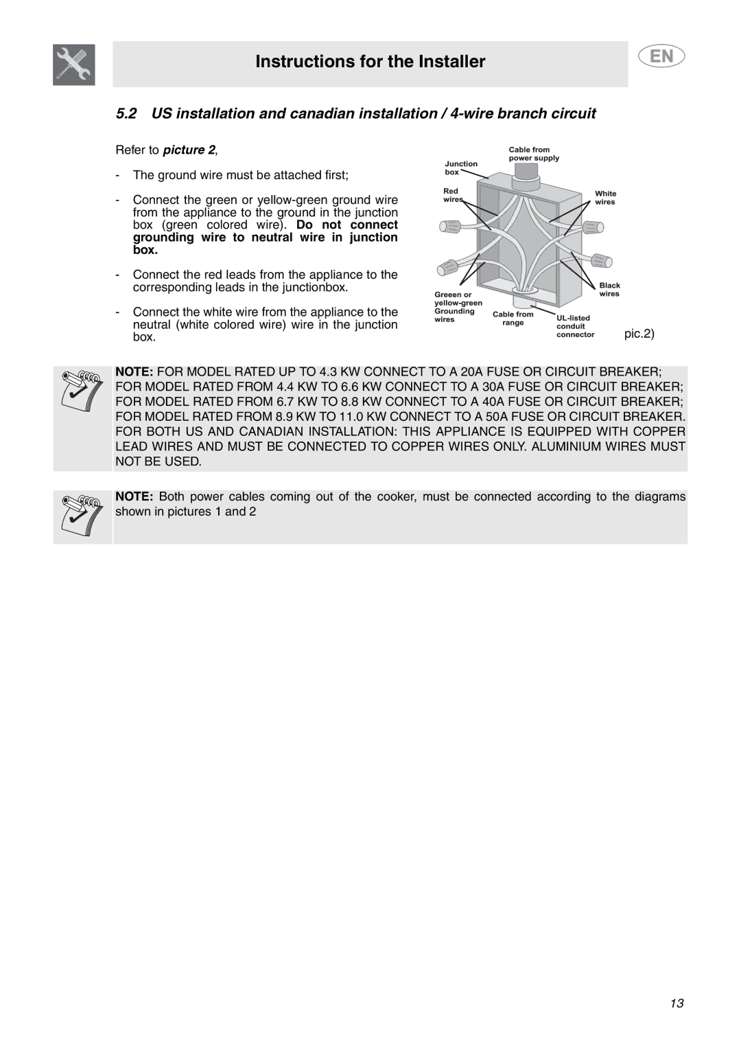 Smeg A1CXU6 important safety instructions Instructions for the Installer 