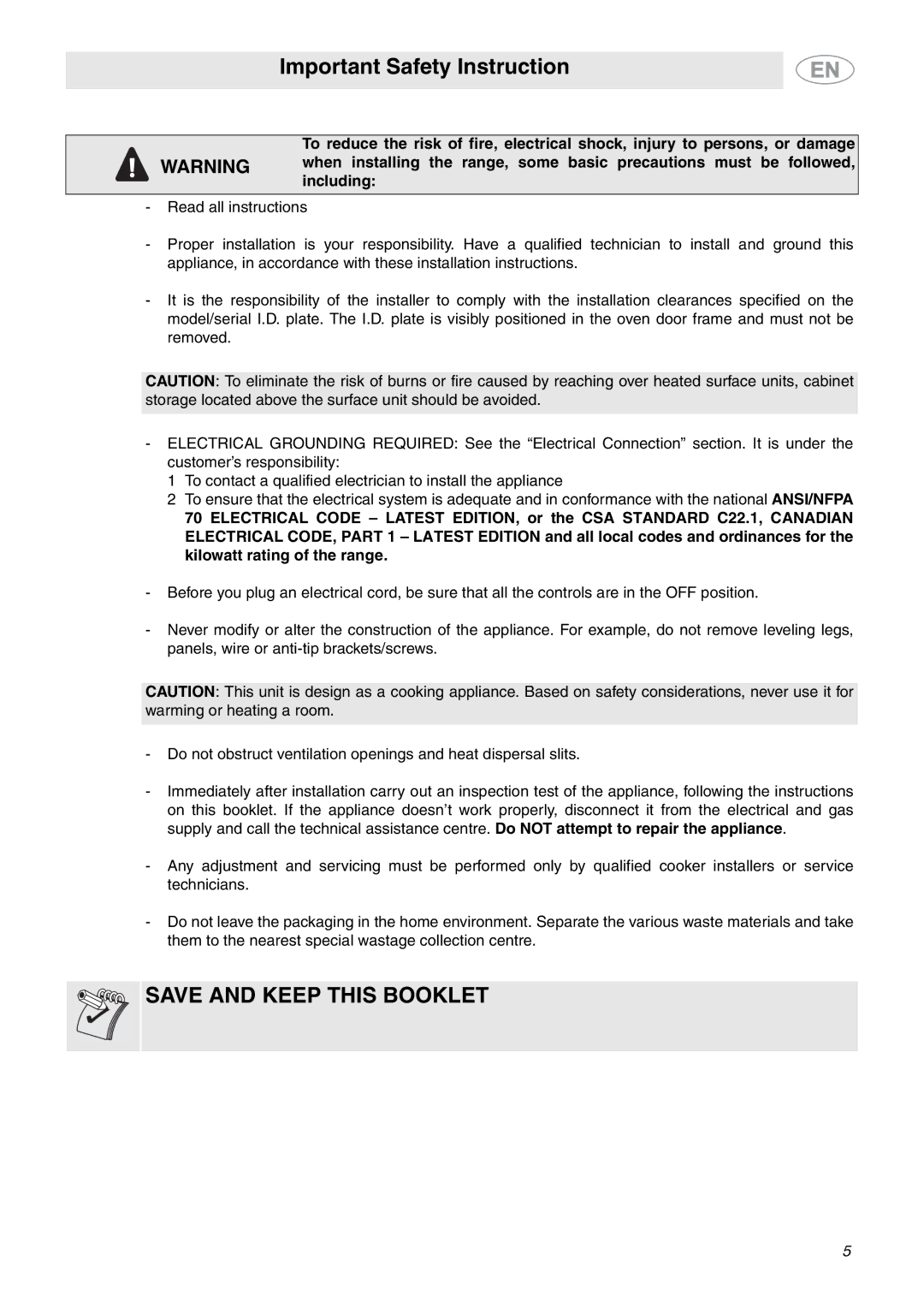 Smeg A1CXU6 important safety instructions Save and Keep this Booklet 