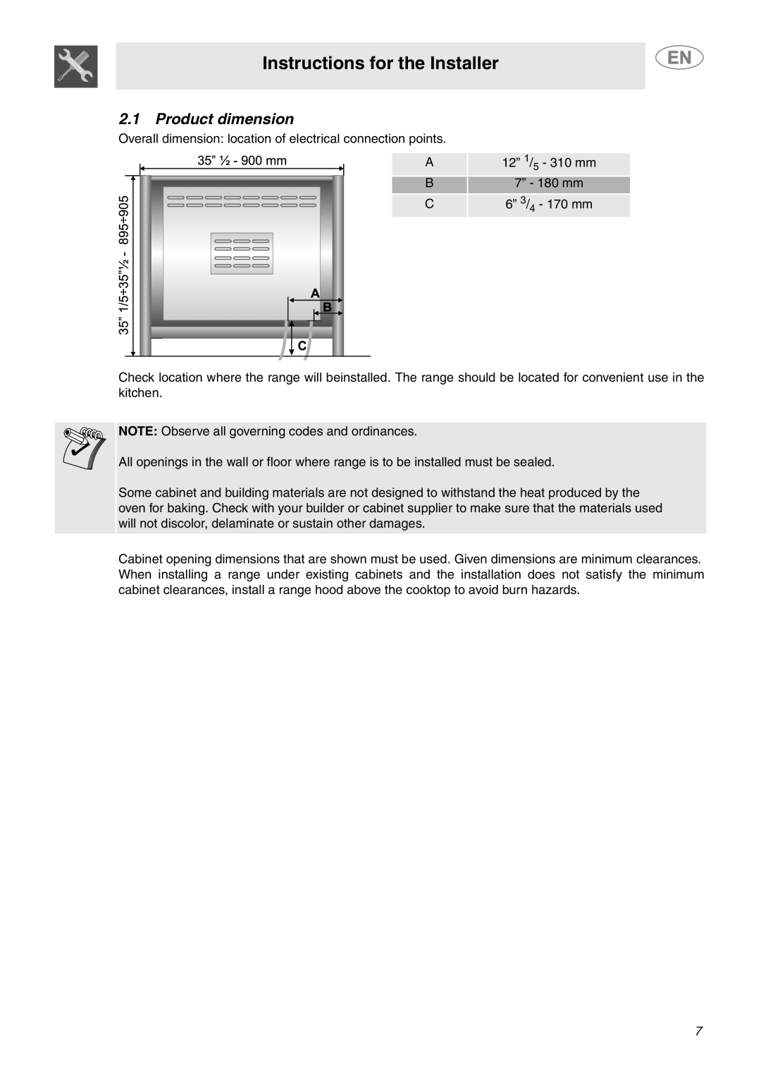 Smeg A1CXU6 important safety instructions Product dimension 