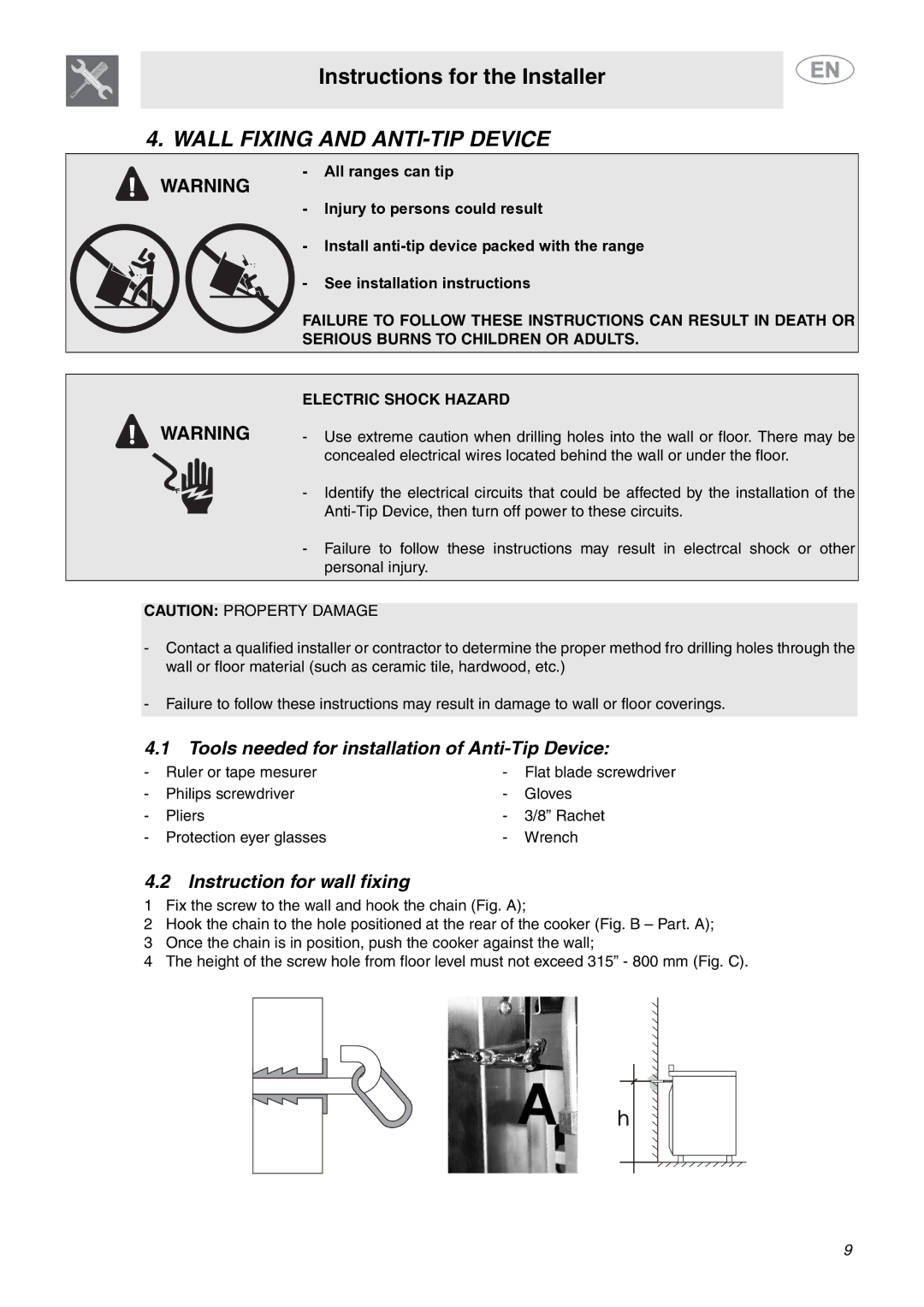 Smeg A1CXU6 Wall Fixing and ANTI-TIP Device, Tools needed for installation of Anti-Tip Device, Instruction for wall fixing 